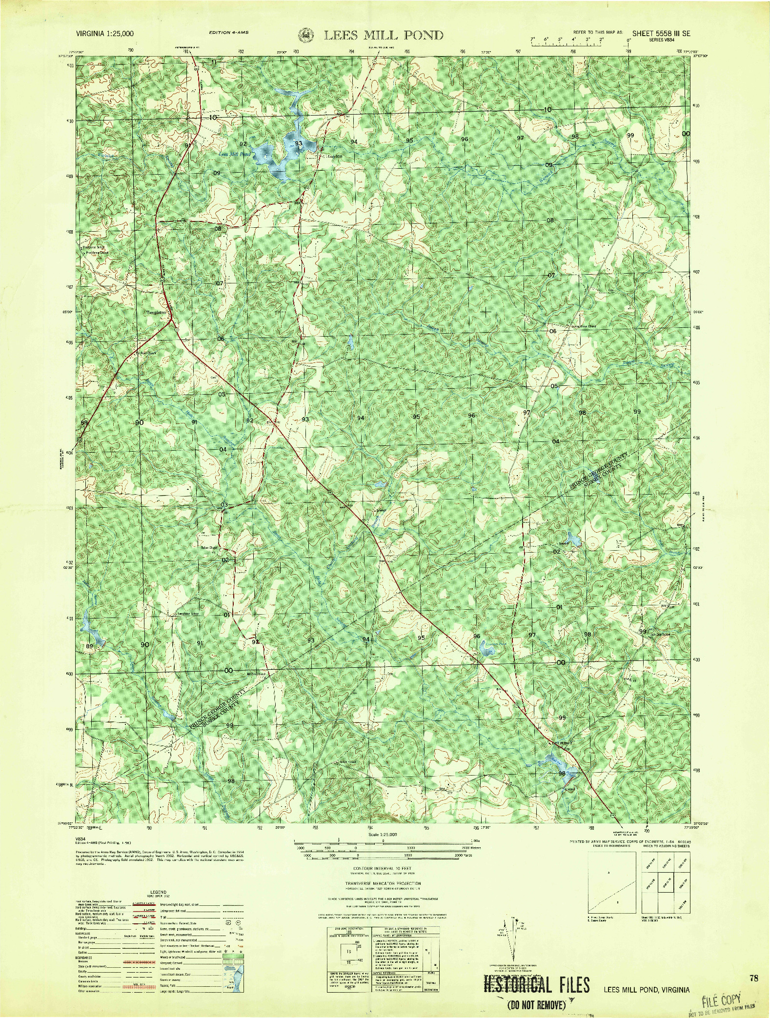 USGS 1:25000-SCALE QUADRANGLE FOR LEES MILL POND, VA 1956
