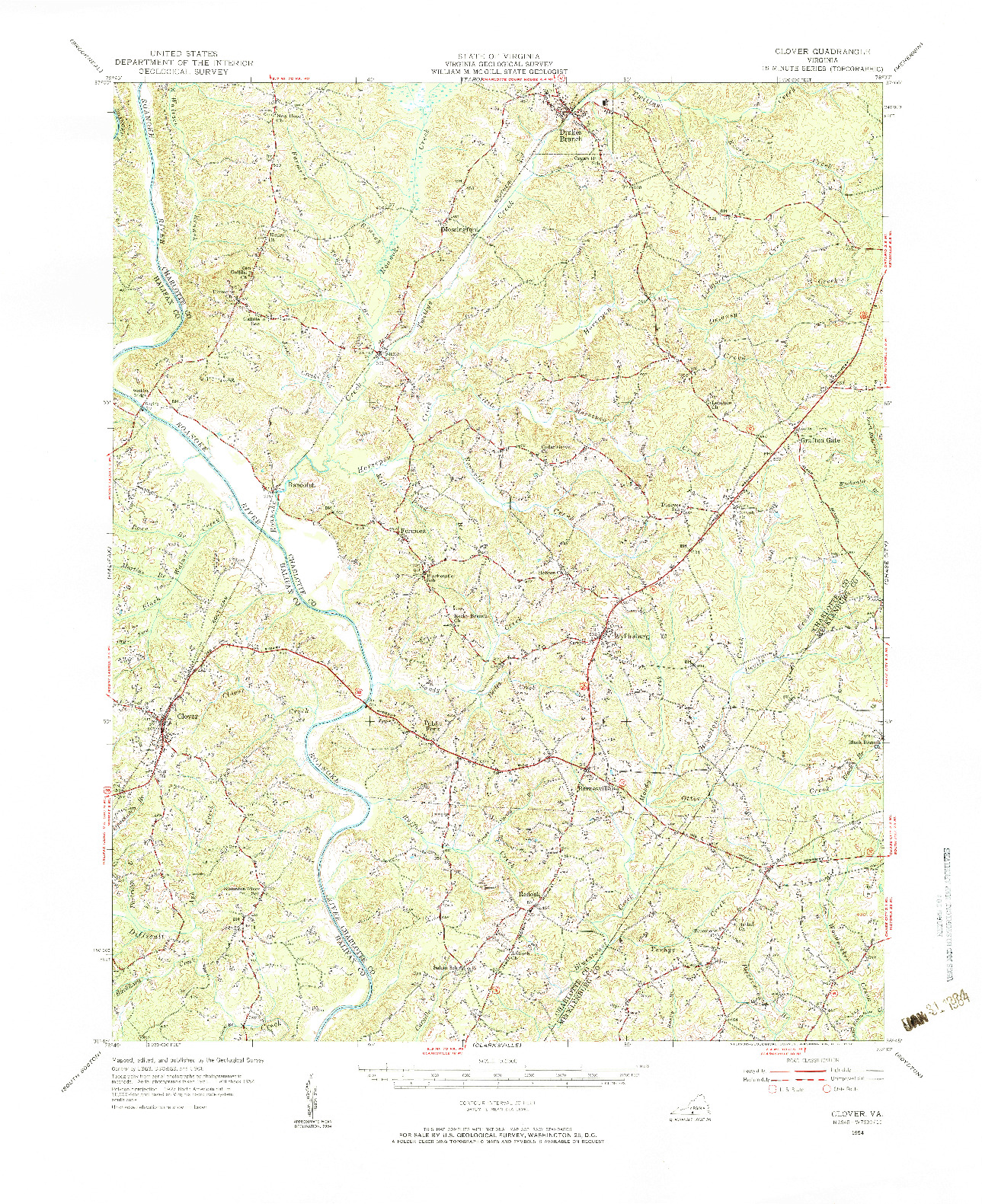USGS 1:62500-SCALE QUADRANGLE FOR CLOVER, VA 1954