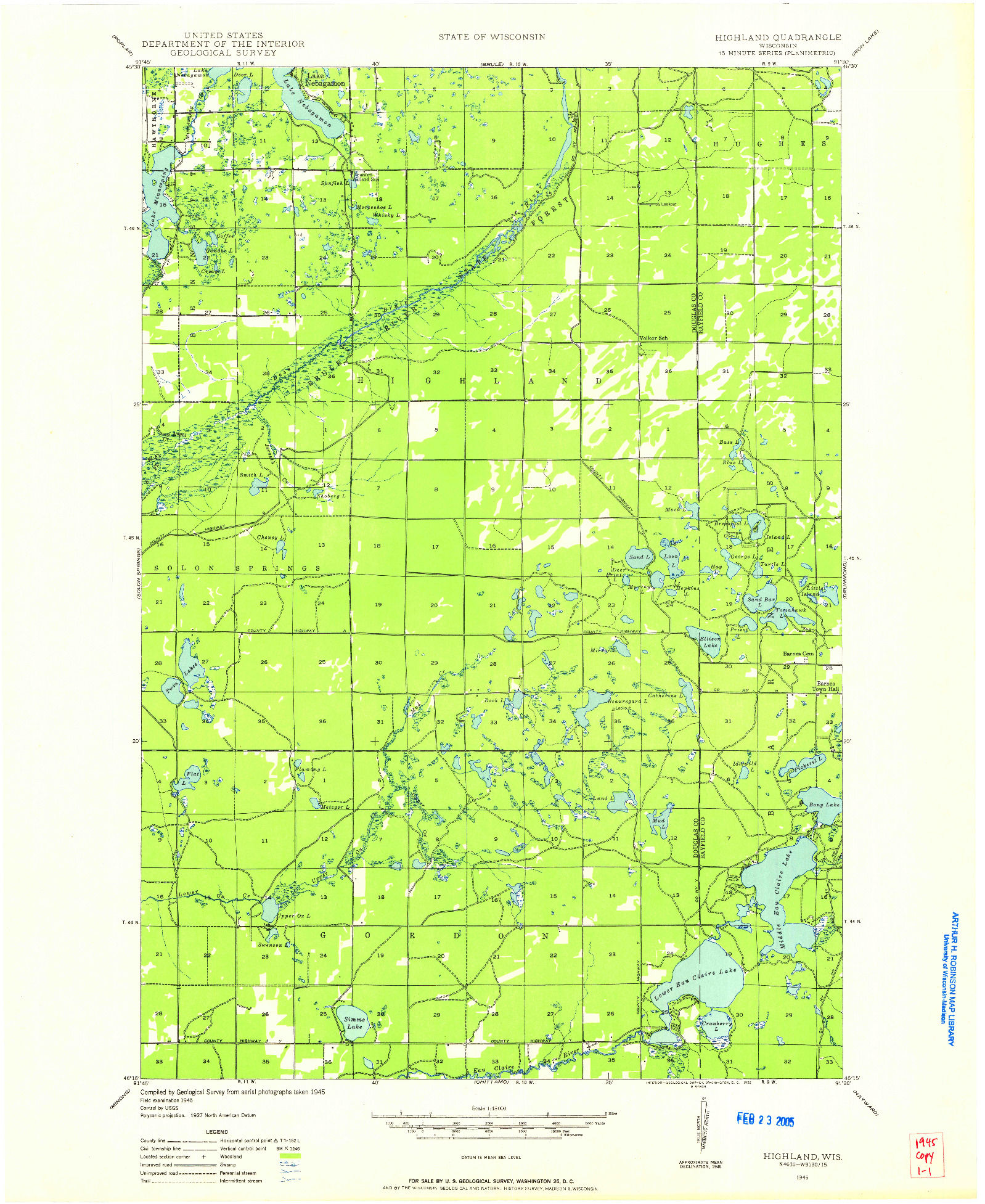 USGS 1:48000-SCALE QUADRANGLE FOR HIGHLAND, WI 1945