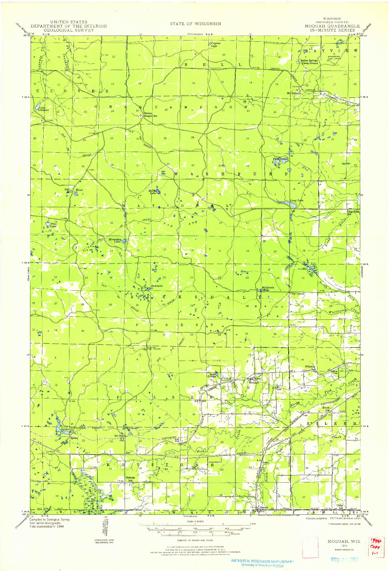 USGS 1:48000-SCALE QUADRANGLE FOR MOQUAH, WI 1944