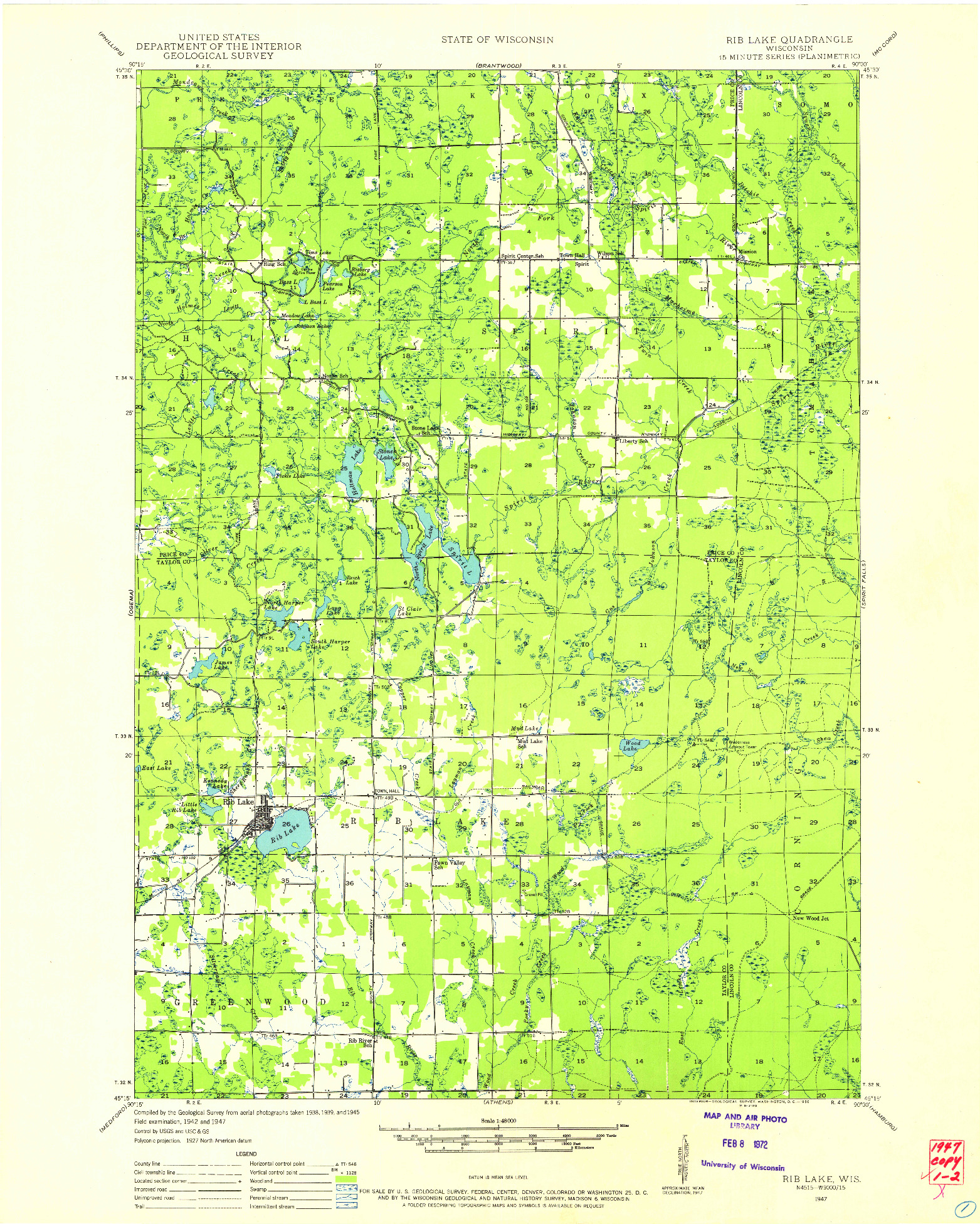 USGS 1:48000-SCALE QUADRANGLE FOR RIB LAKE, WI 1947