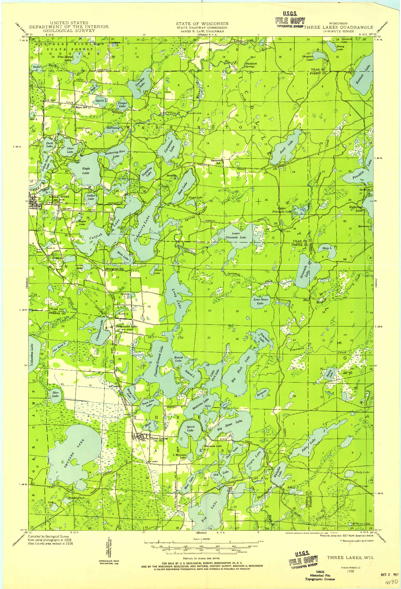 USGS 1:48000-SCALE QUADRANGLE FOR THREE LAKES, WI 1938