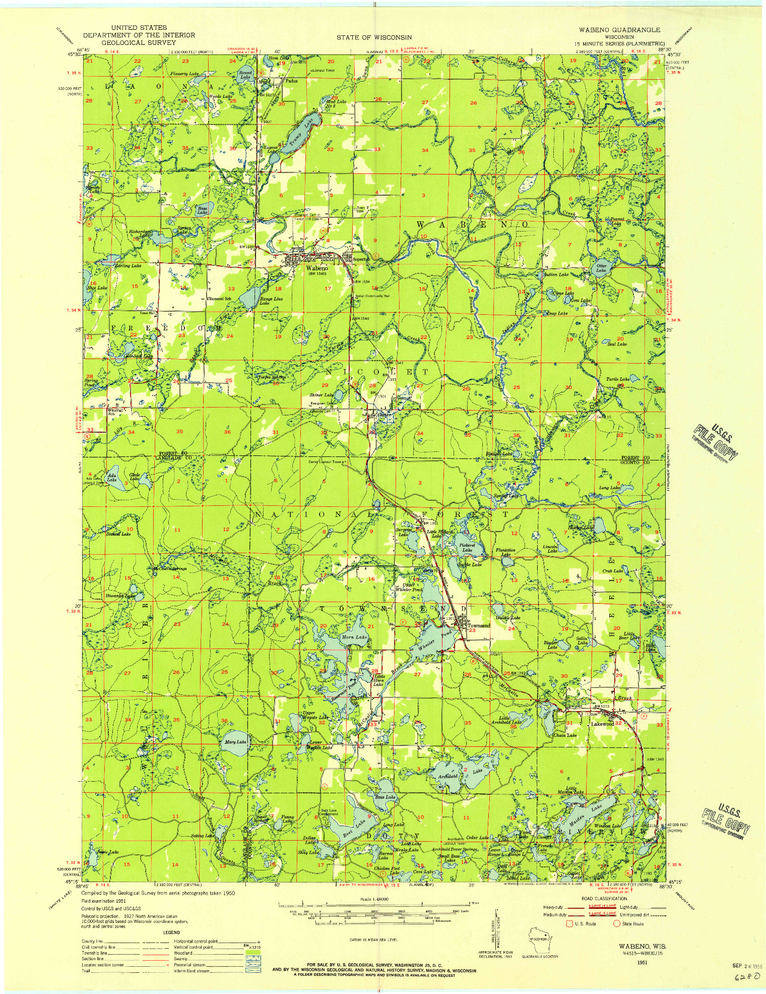 USGS 1:48000-SCALE QUADRANGLE FOR WABENO, WI 1951