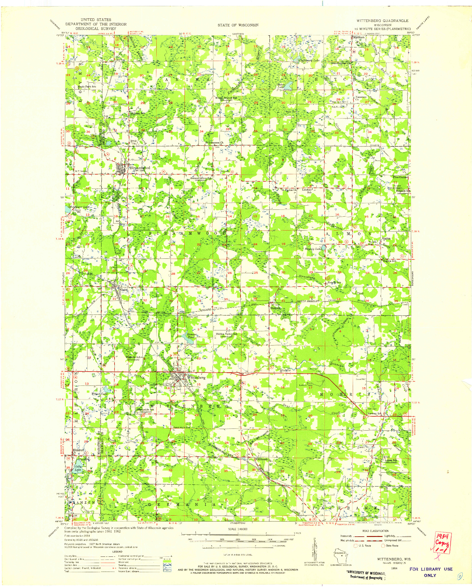 USGS 1:48000-SCALE QUADRANGLE FOR WITTENBERG, WI 1954