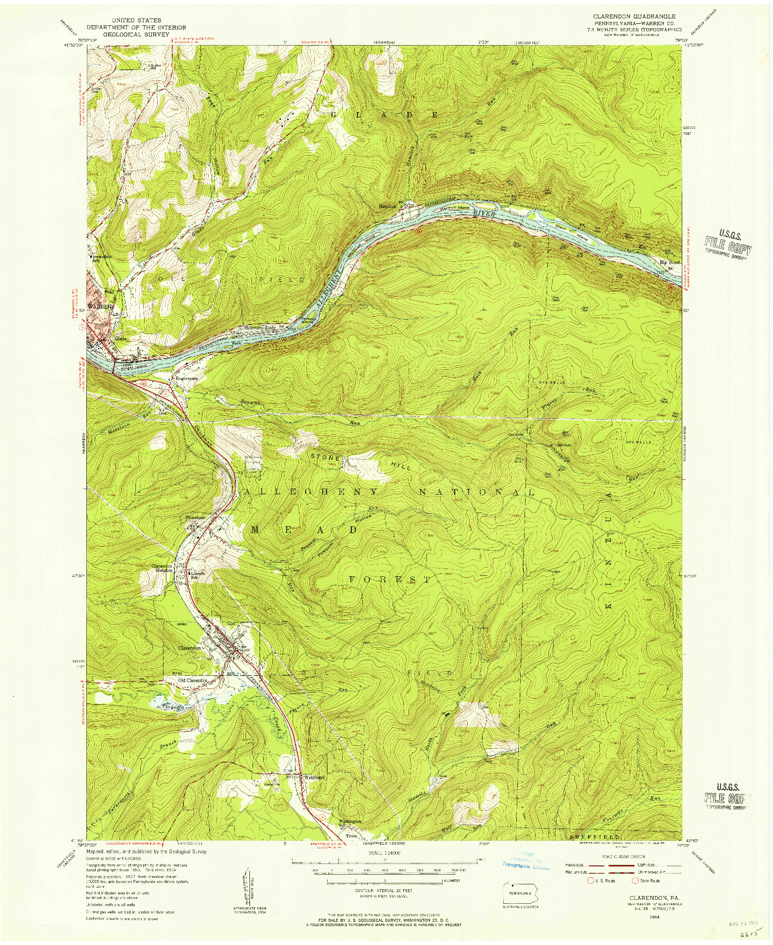 USGS 1:24000-SCALE QUADRANGLE FOR CLARENDON, PA 1954