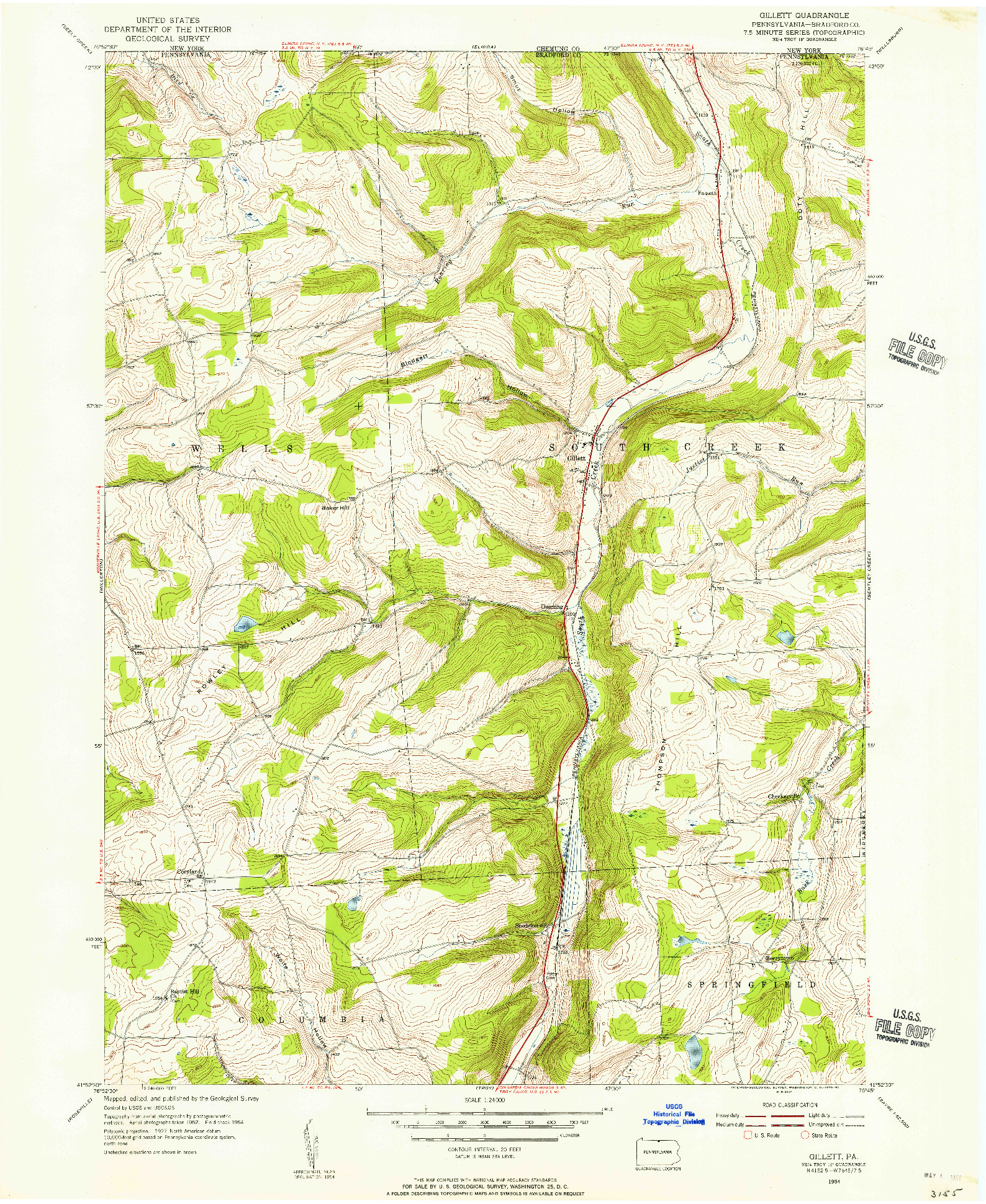 USGS 1:24000-SCALE QUADRANGLE FOR GILLETT, PA 1954