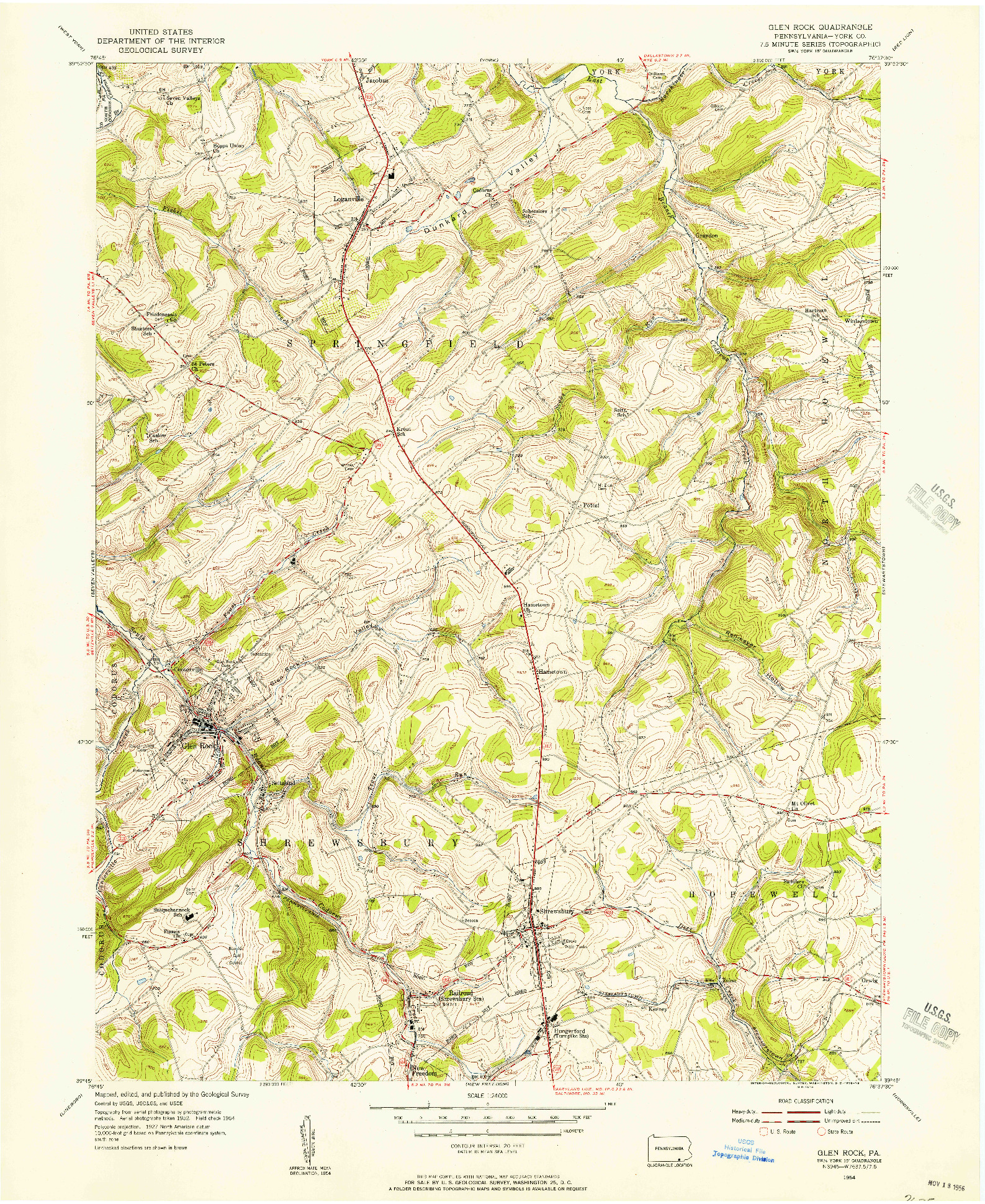 USGS 1:24000-SCALE QUADRANGLE FOR GLEN ROCK, PA 1954