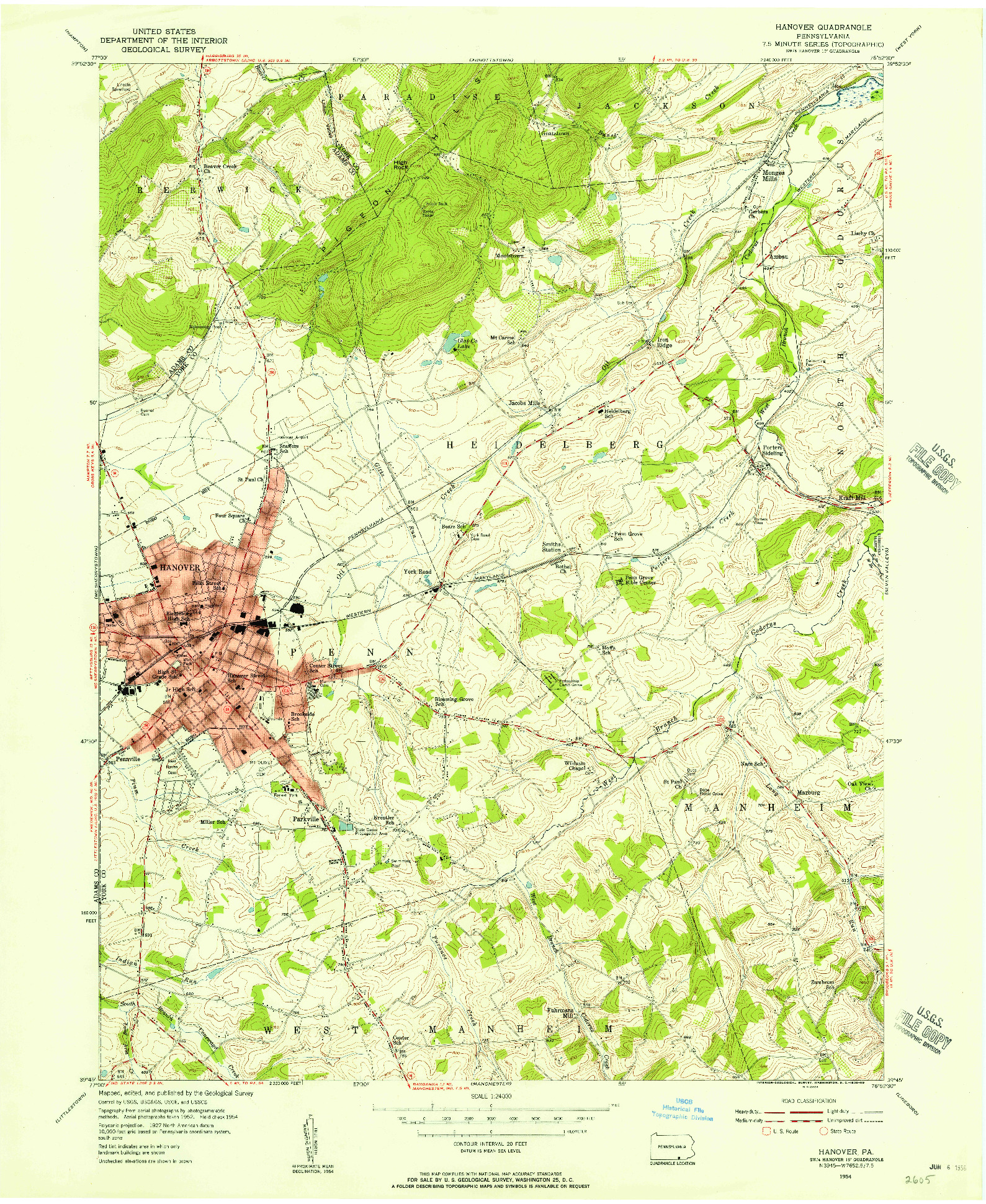 USGS 1:24000-SCALE QUADRANGLE FOR HANOVER, PA 1954