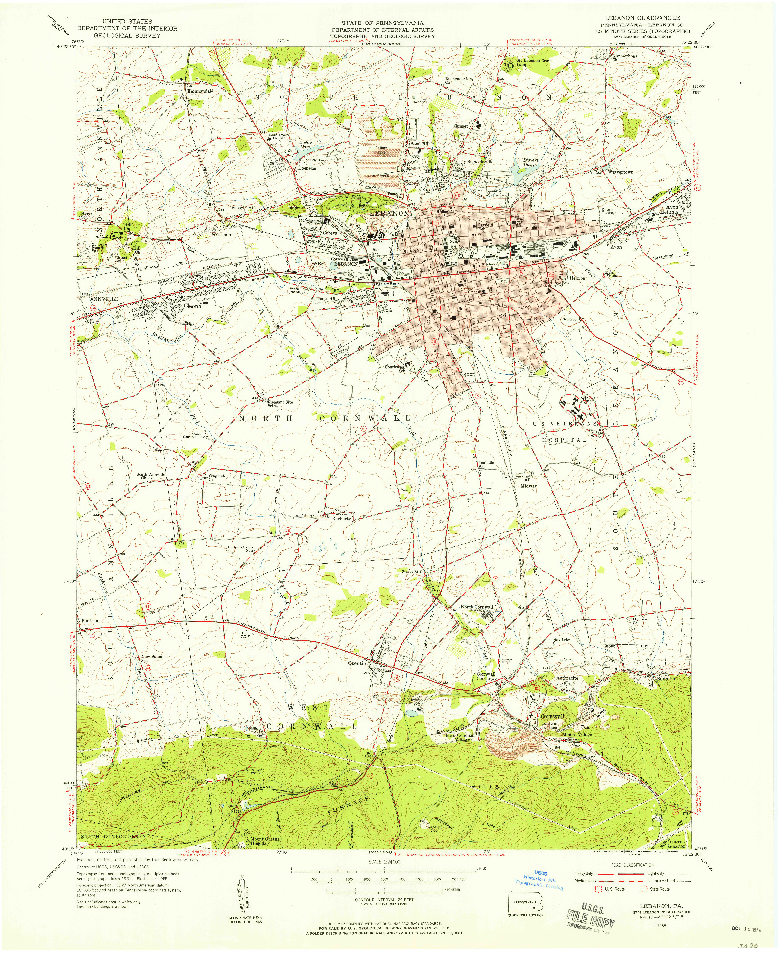 USGS 1:24000-SCALE QUADRANGLE FOR LEBANON, PA 1955