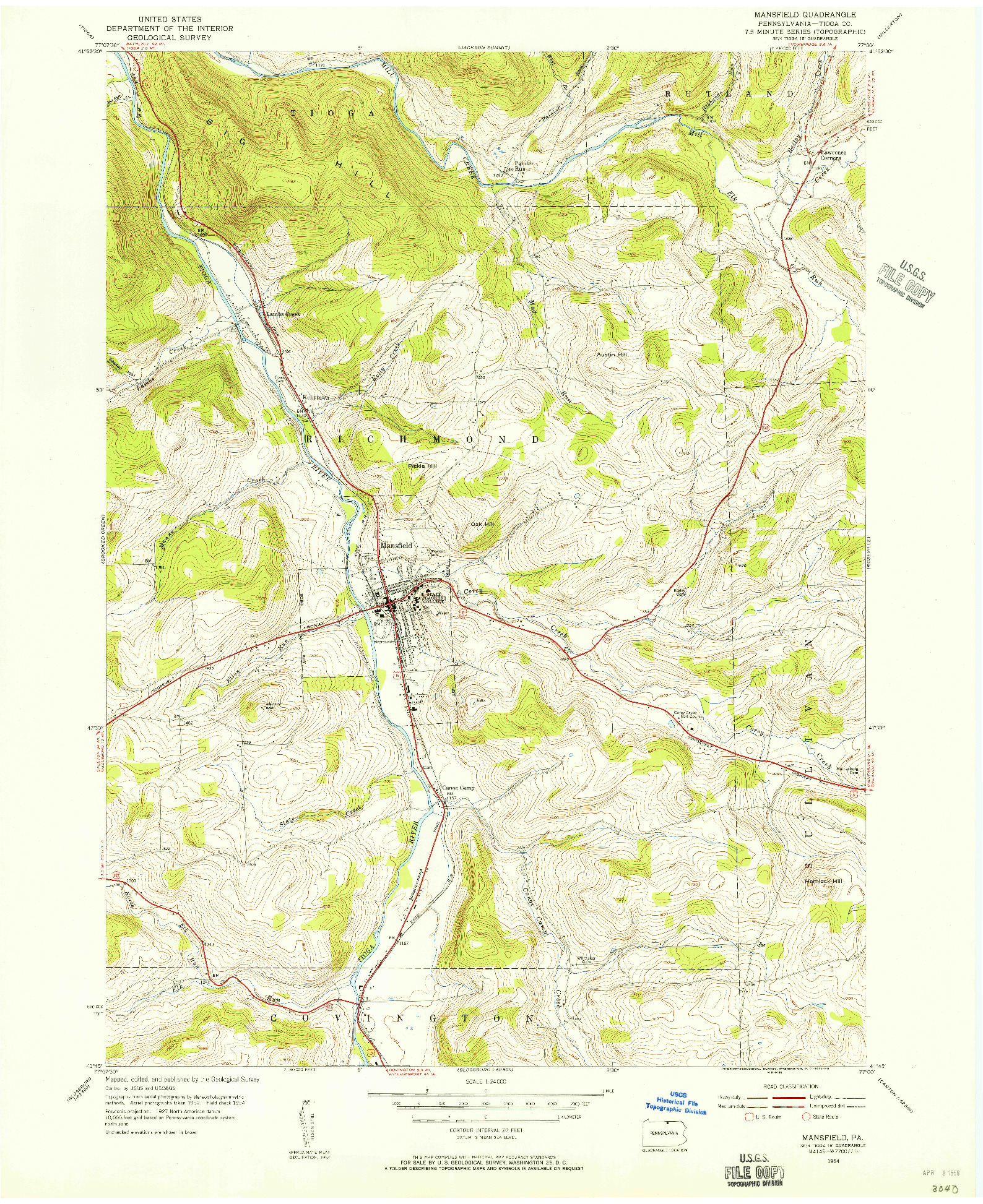 USGS 1:24000-SCALE QUADRANGLE FOR MANSFIELD, PA 1954