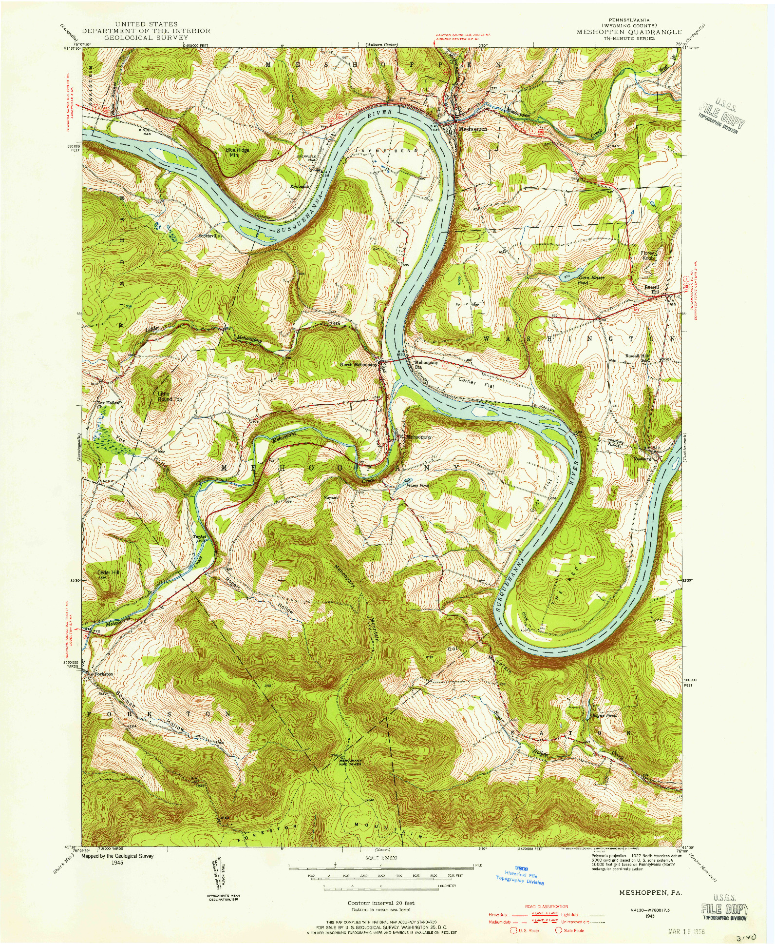 USGS 1:24000-SCALE QUADRANGLE FOR MESHOPPEN, PA 1945