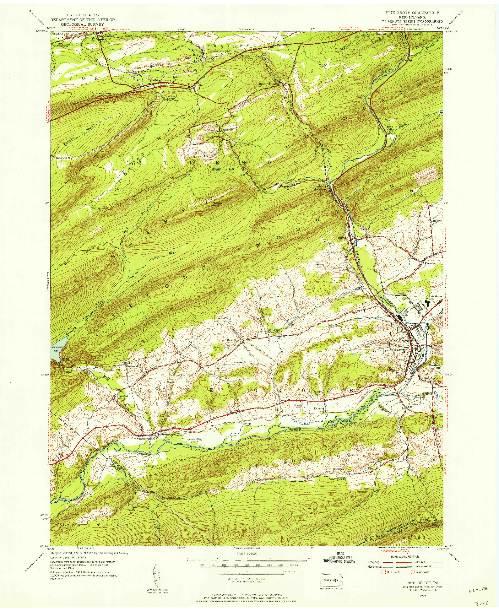 USGS 1:24000-SCALE QUADRANGLE FOR PINE GROVE, PA 1954