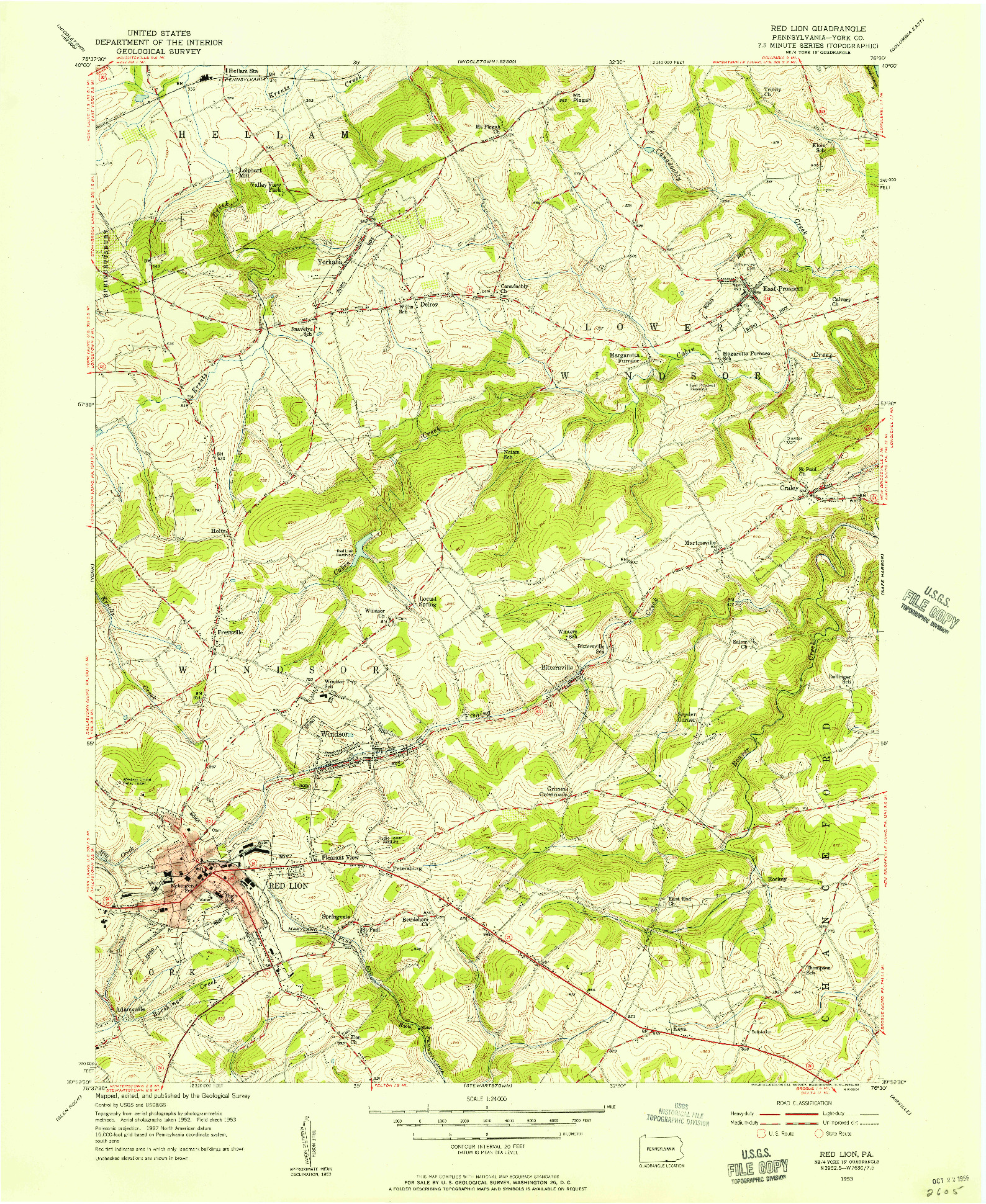 USGS 1:24000-SCALE QUADRANGLE FOR RED LION, PA 1953