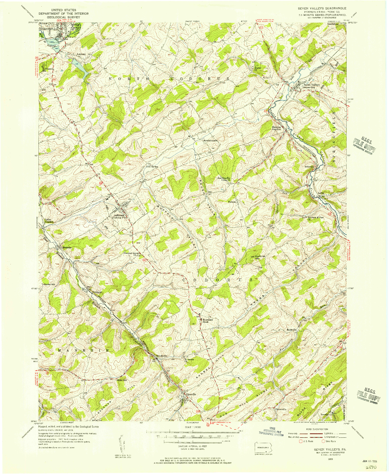 USGS 1:24000-SCALE QUADRANGLE FOR SEVEN VALLEYS, PA 1953