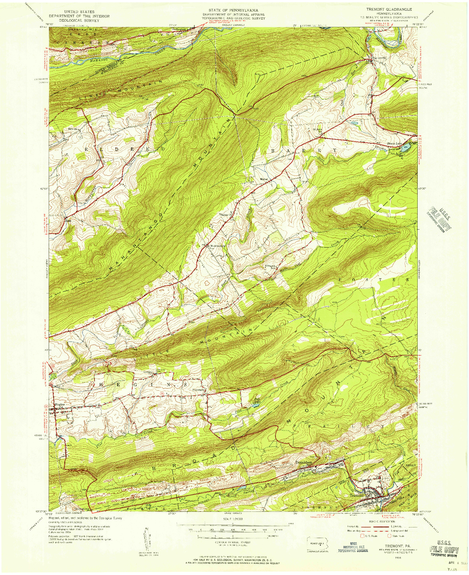 USGS 1:24000-SCALE QUADRANGLE FOR TREMONT, PA 1954