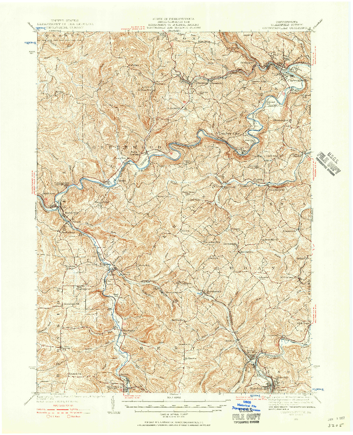 USGS 1:62500-SCALE QUADRANGLE FOR CURWENSVILLE, PA 1939