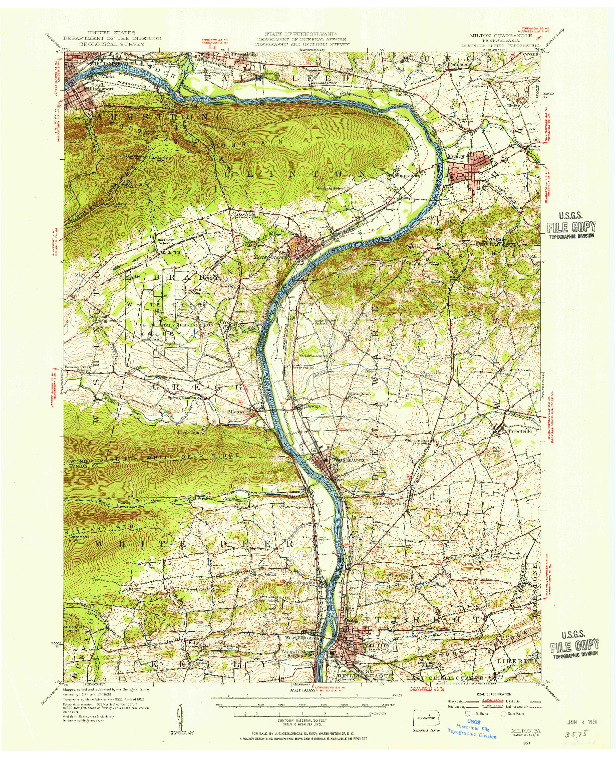 USGS 1:62500-SCALE QUADRANGLE FOR MILTON, PA 1953