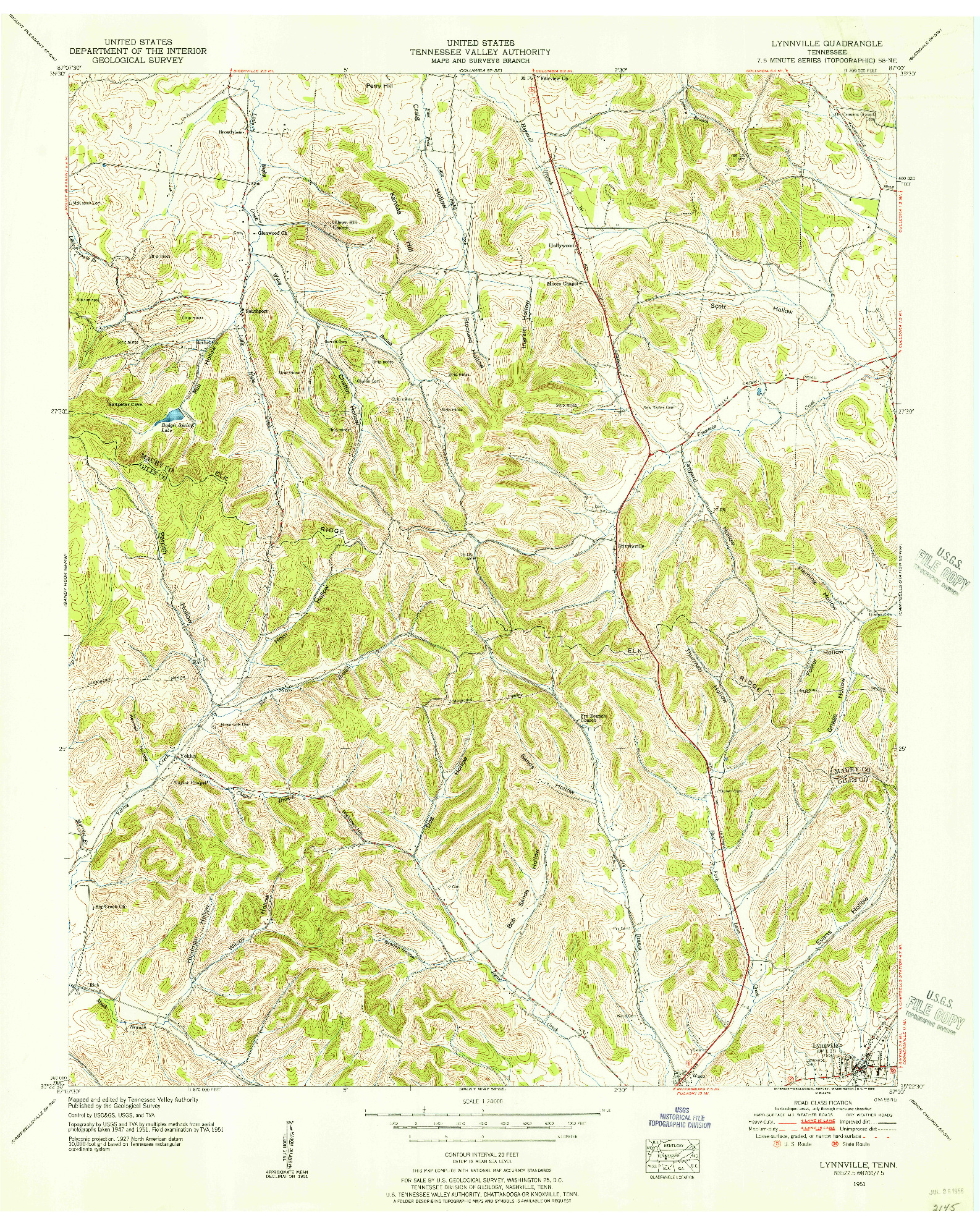 USGS 1:24000-SCALE QUADRANGLE FOR LYNNVILLE, TN 1951
