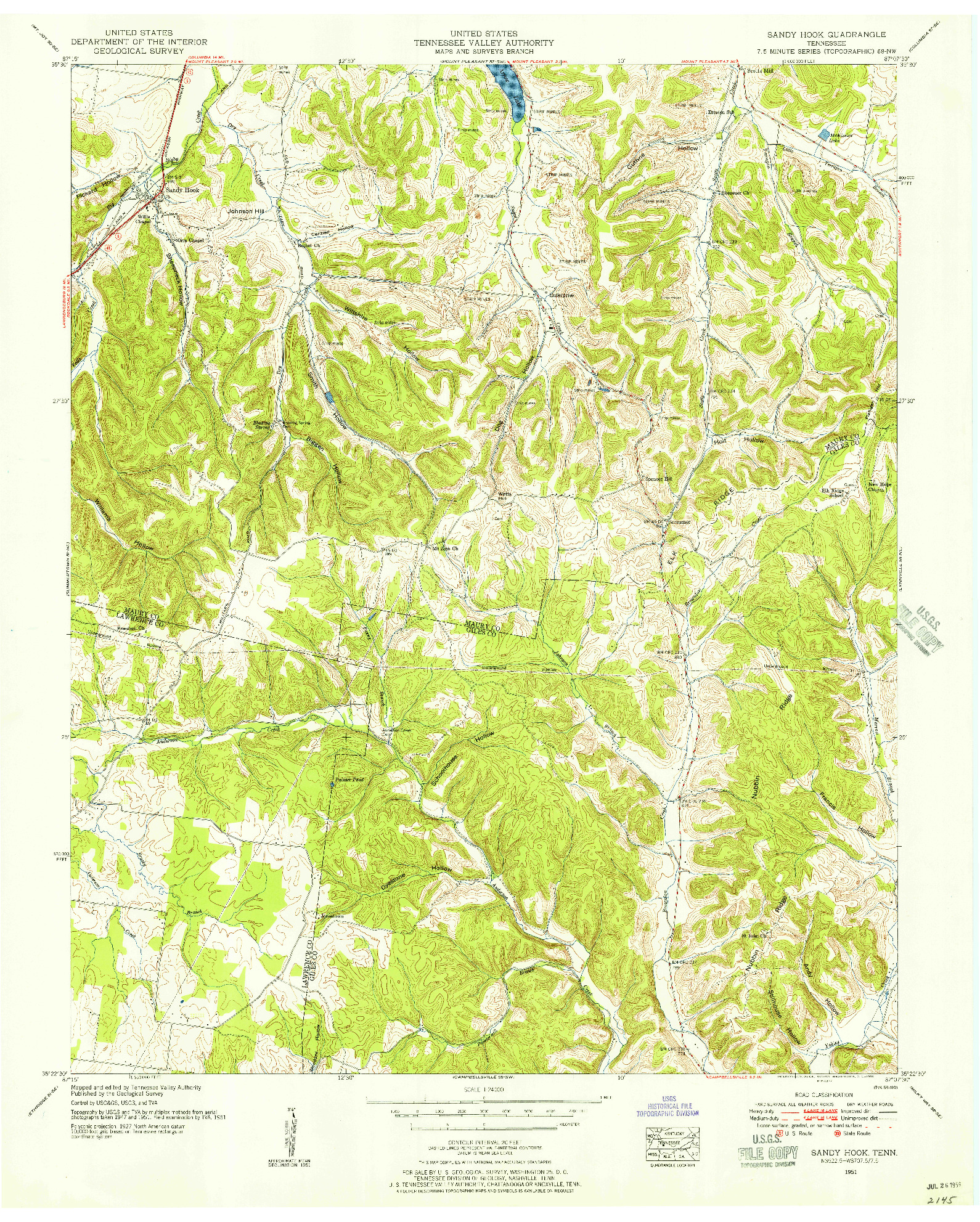 USGS 1:24000-SCALE QUADRANGLE FOR SANDY HOOK, TN 1951