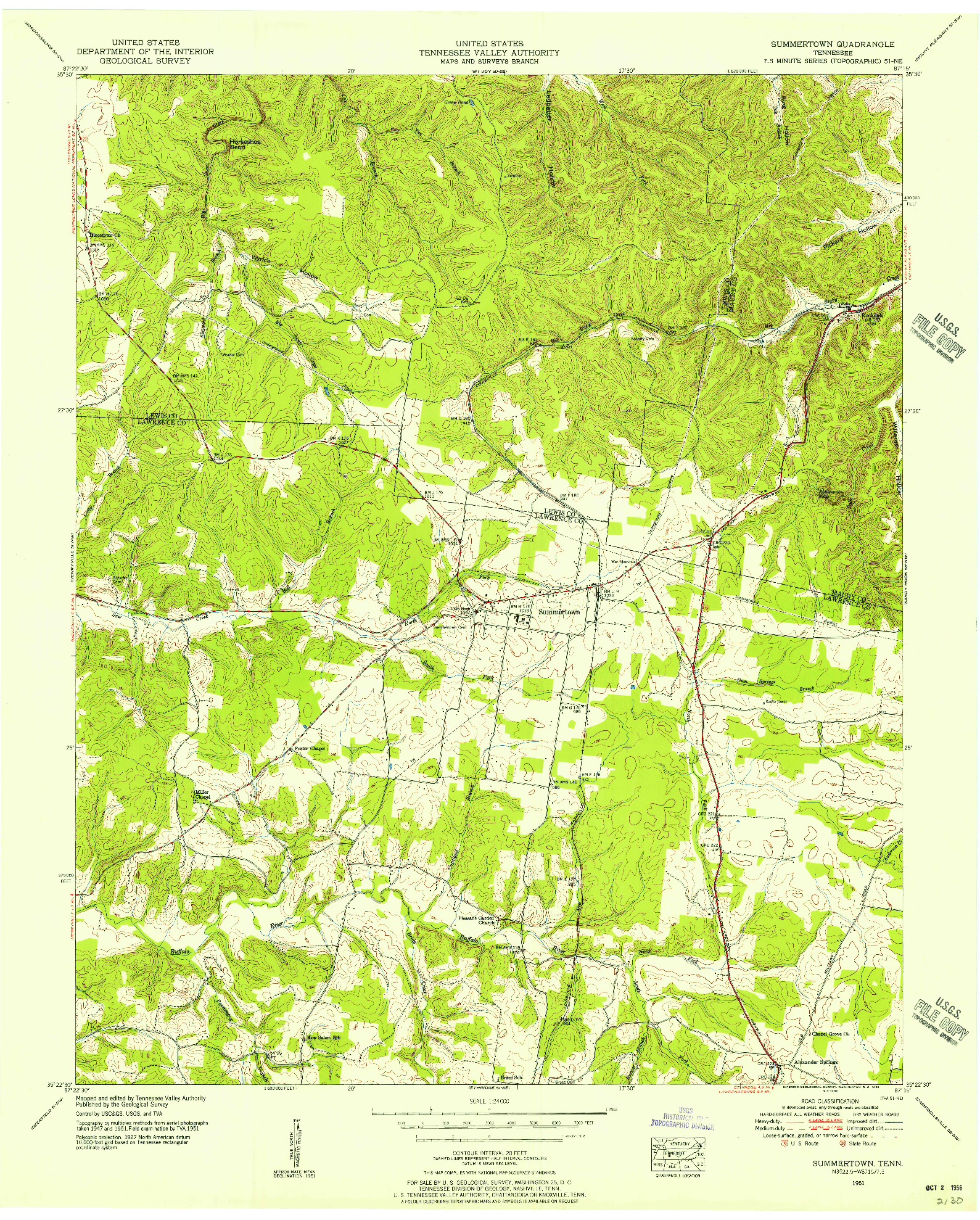 USGS 1:24000-SCALE QUADRANGLE FOR SUMMERTOWN, TN 1951