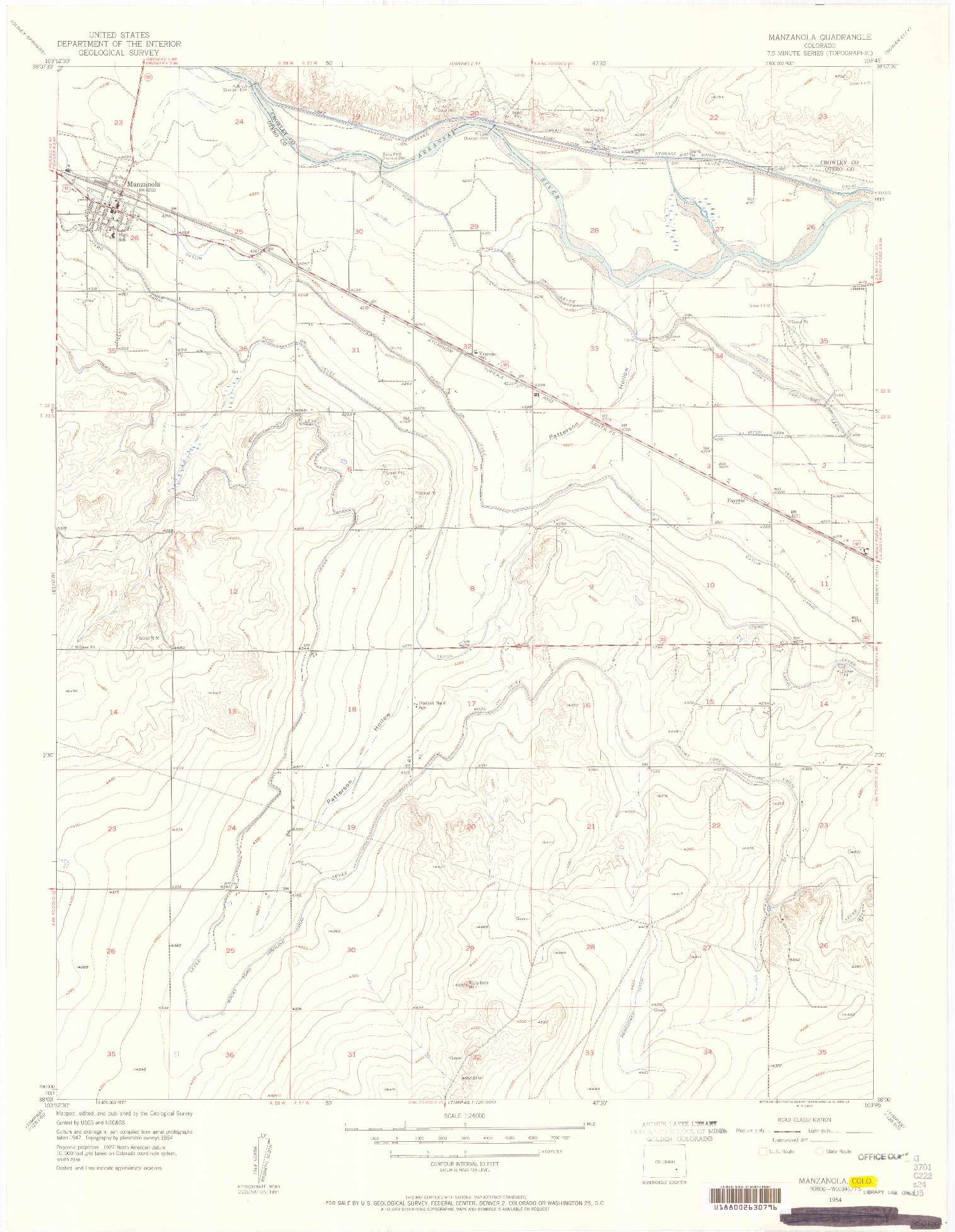 USGS 1:24000-SCALE QUADRANGLE FOR MANZANOLA, CO 1954