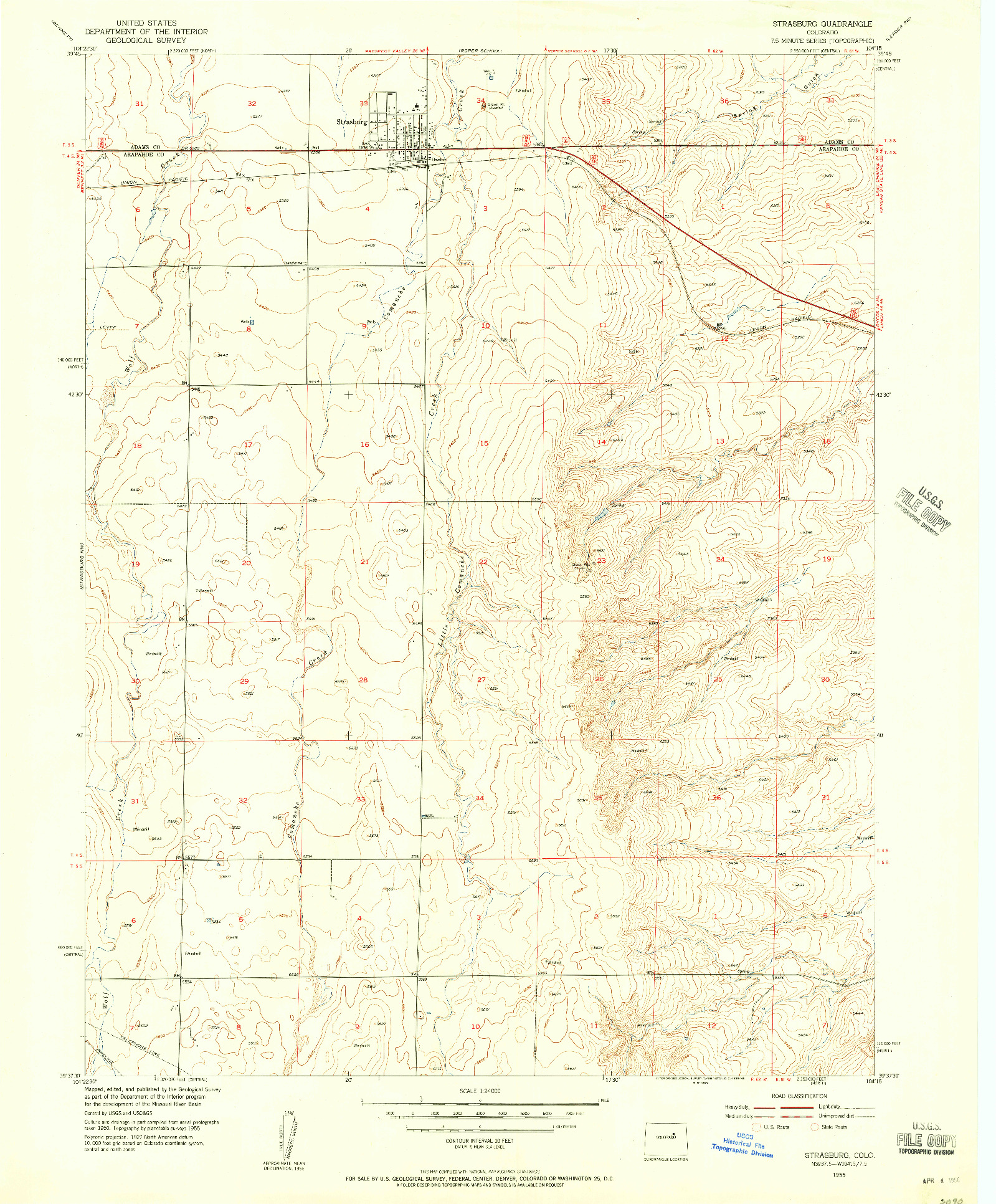 USGS 1:24000-SCALE QUADRANGLE FOR STRASBURG, CO 1955