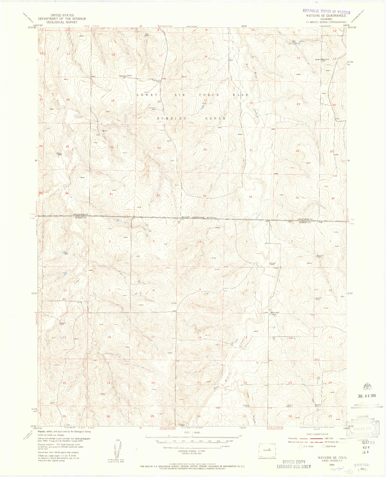 USGS 1:24000-SCALE QUADRANGLE FOR WATKINS SE, CO 1955