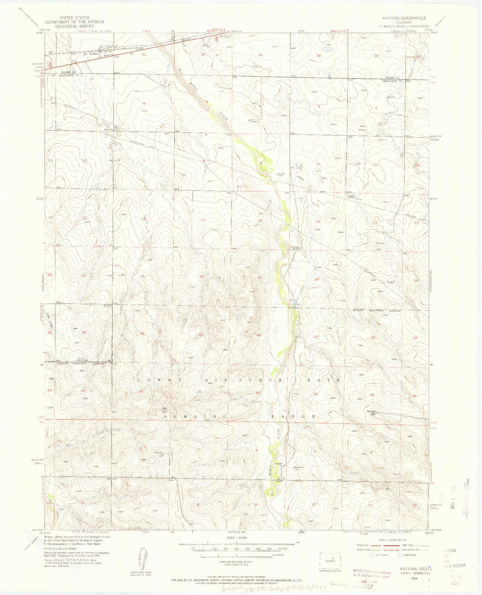 USGS 1:24000-SCALE QUADRANGLE FOR WATKINS, CO 1954