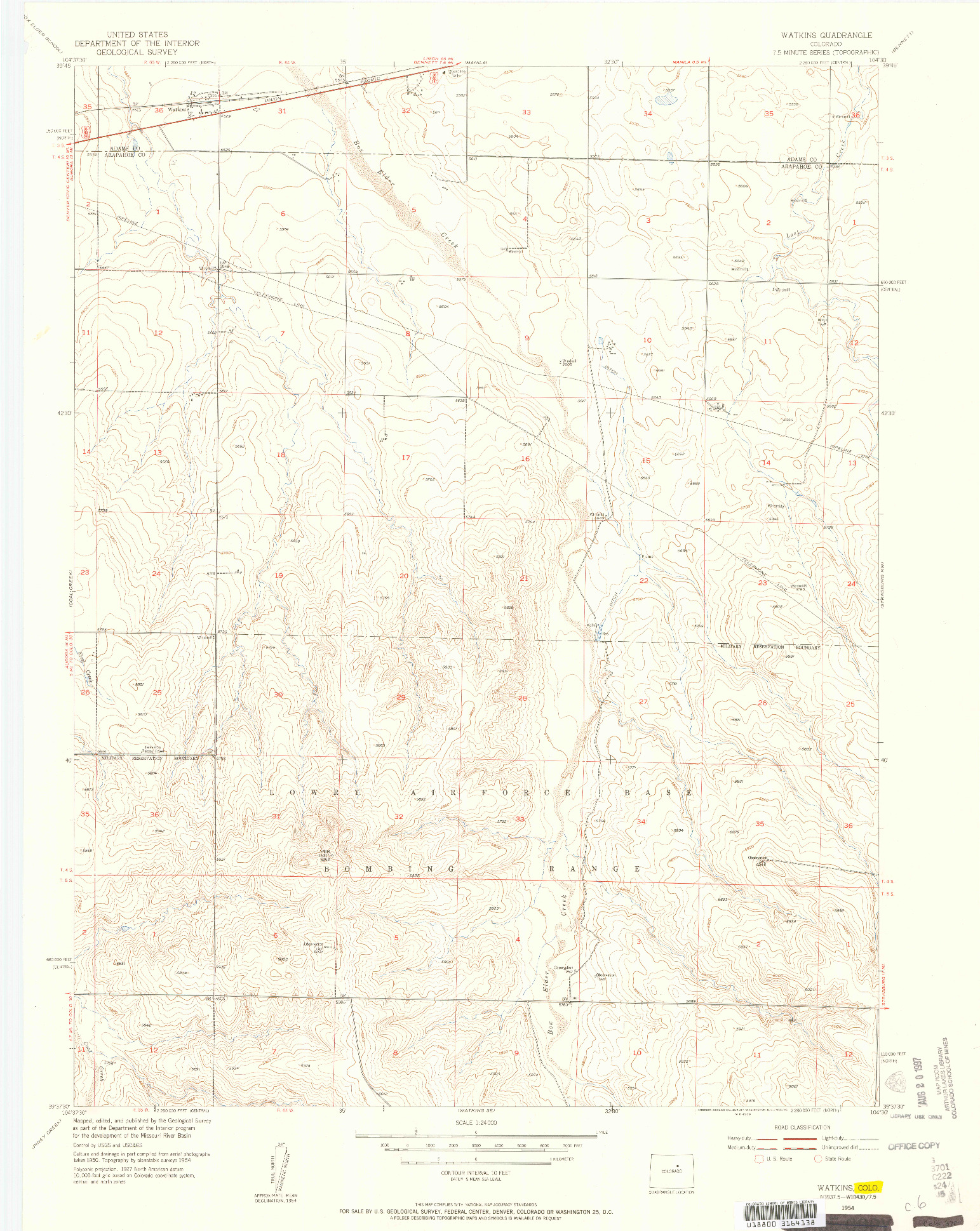 USGS 1:24000-SCALE QUADRANGLE FOR WATKINS, CO 1954