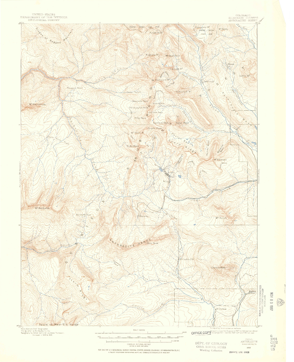 USGS 1:62500-SCALE QUADRANGLE FOR ANTHRACITE, CO 1888