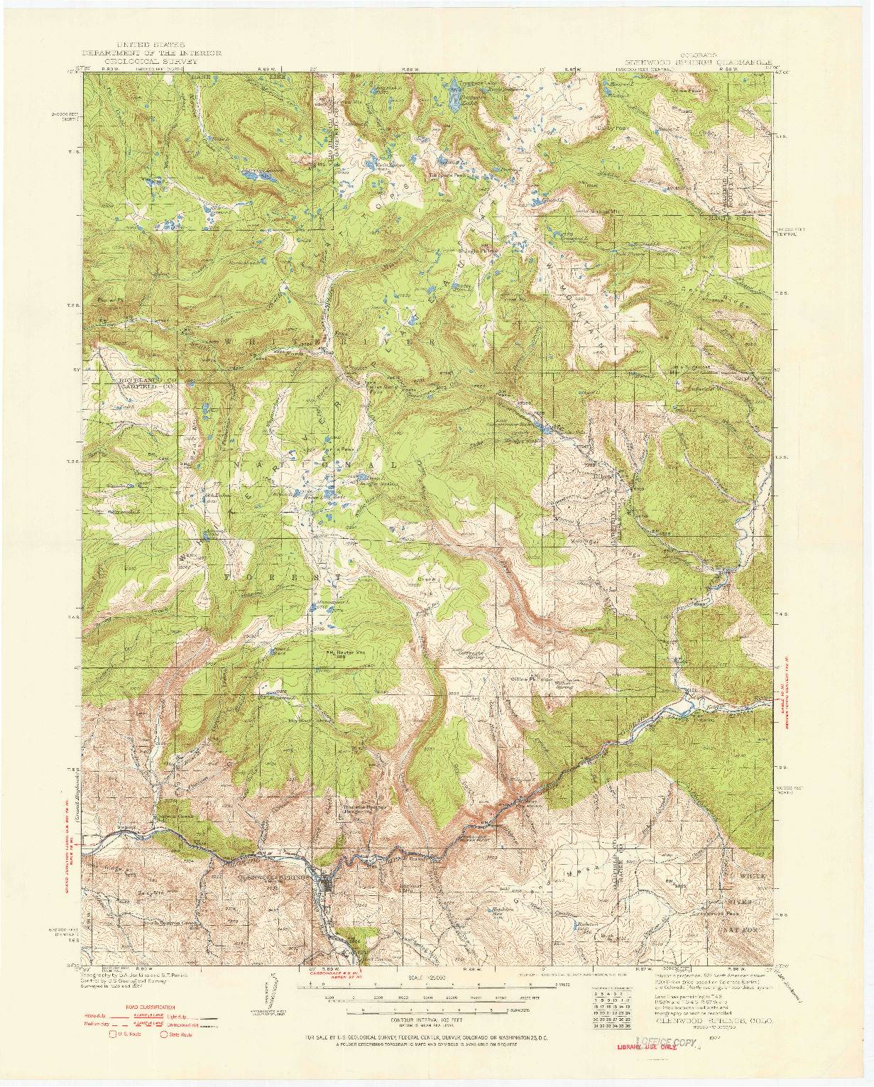 USGS 1:125000-SCALE QUADRANGLE FOR GLENWOOD SPRINGS, CO 1927