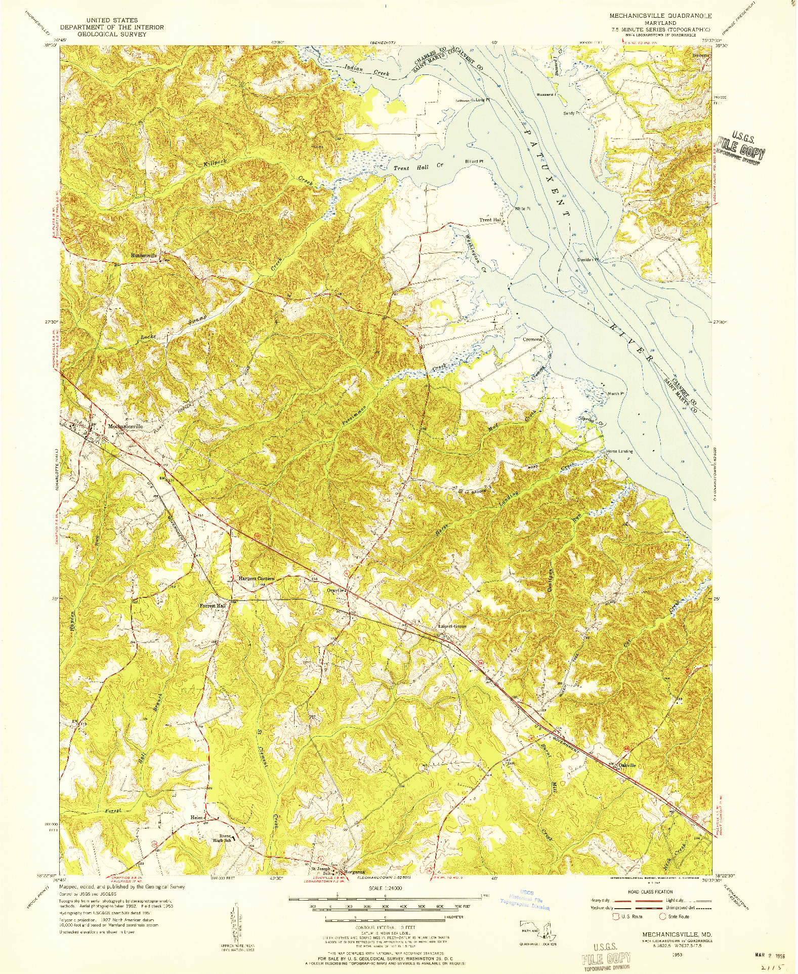 USGS 1:24000-SCALE QUADRANGLE FOR MECHANICSVILLE, MD 1953