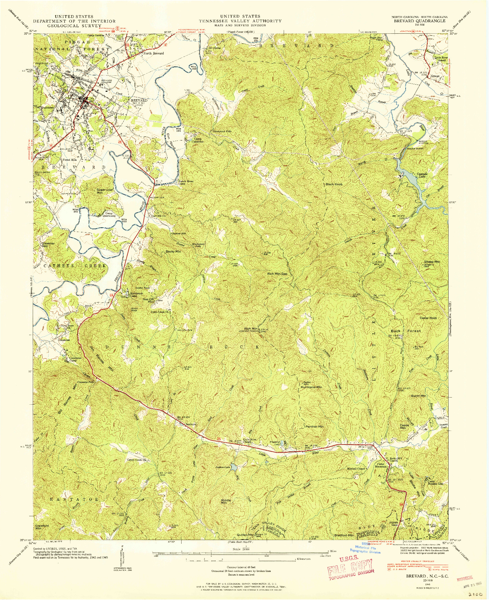 USGS 1:24000-SCALE QUADRANGLE FOR BREVARD, NC 1945