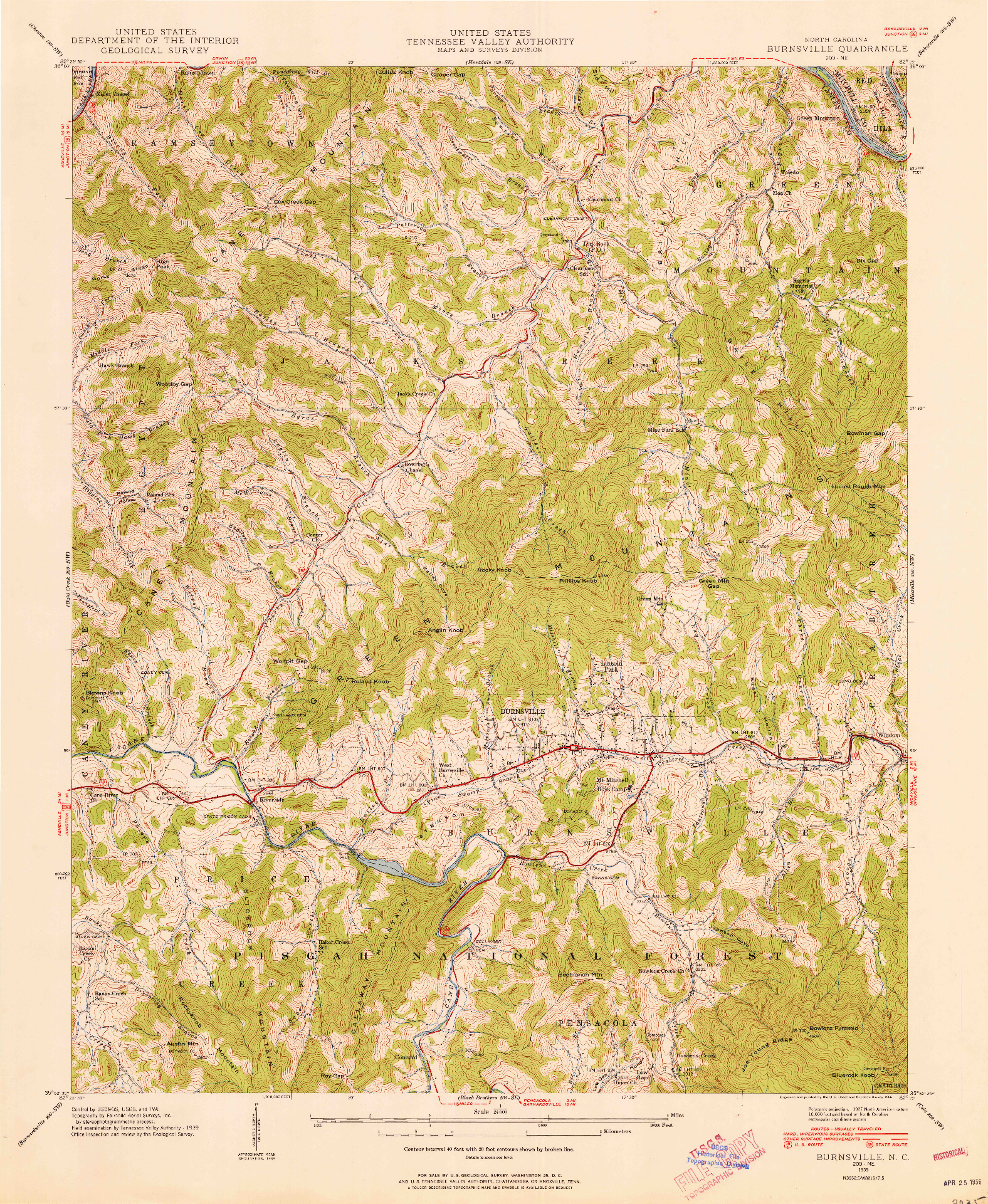 USGS 1:24000-SCALE QUADRANGLE FOR BURNSVILLE, NC 1939