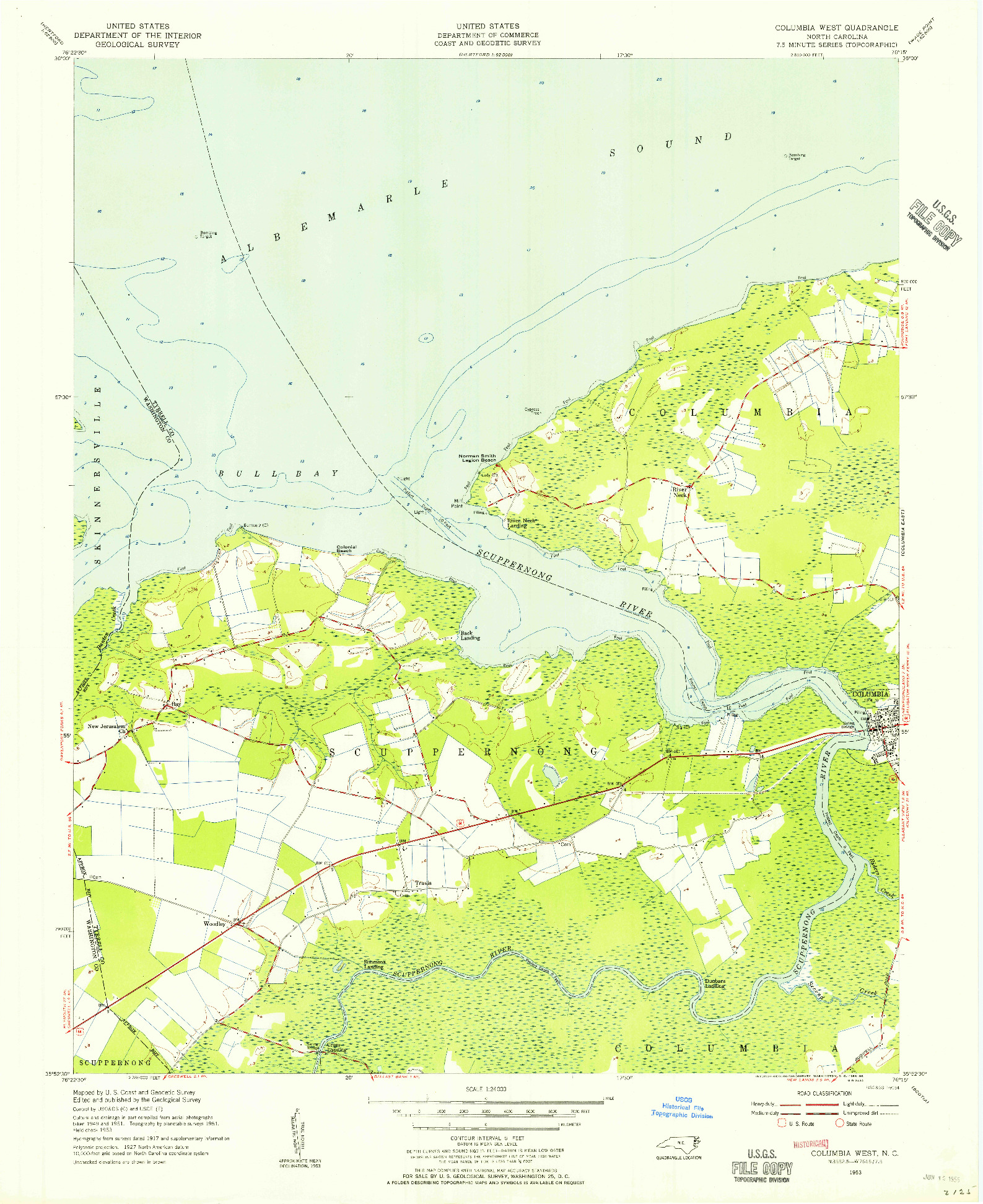 USGS 1:24000-SCALE QUADRANGLE FOR COLUMBIA WEST, NC 1953