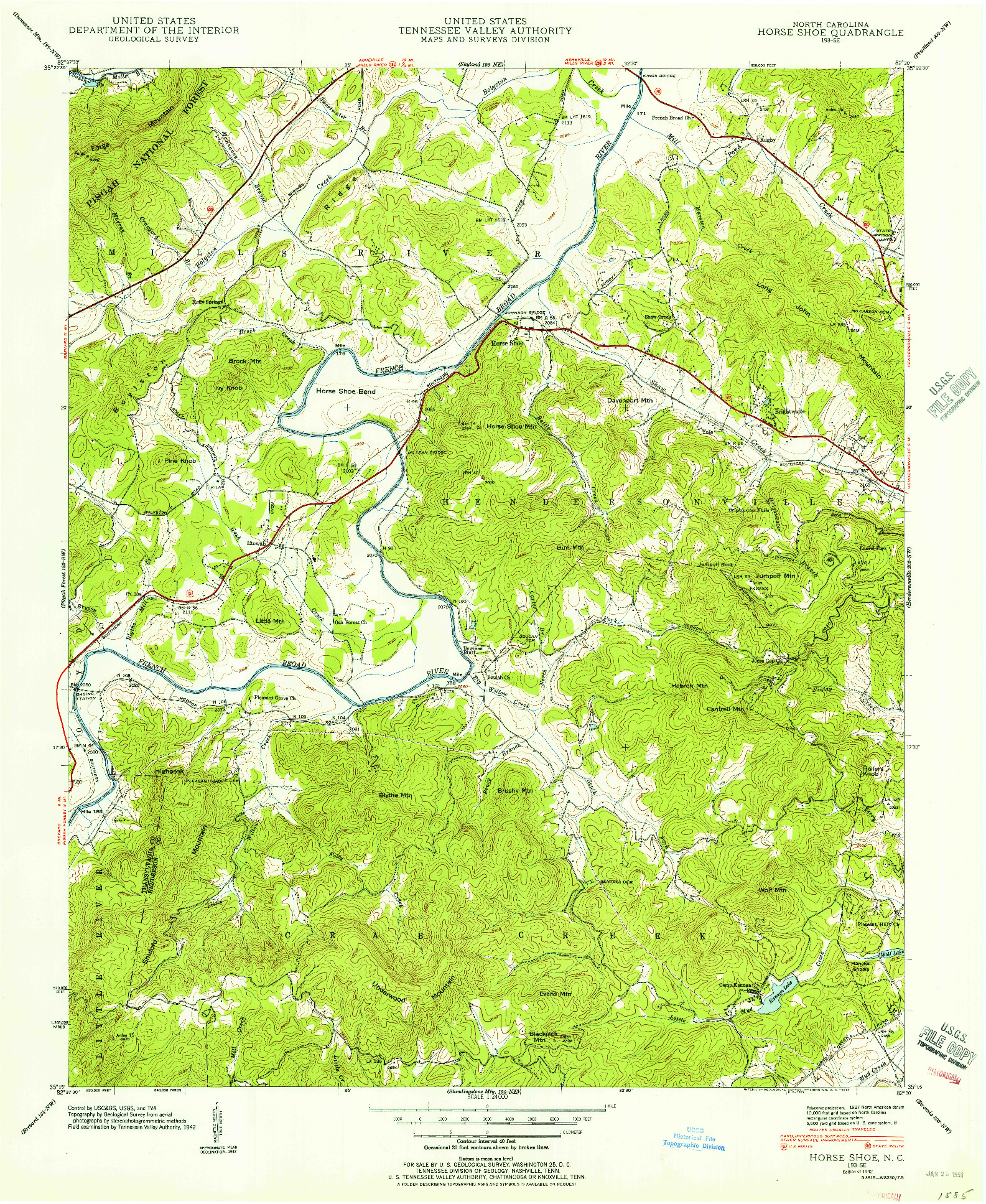 USGS 1:24000-SCALE QUADRANGLE FOR HORSE SHOE, NC 1942