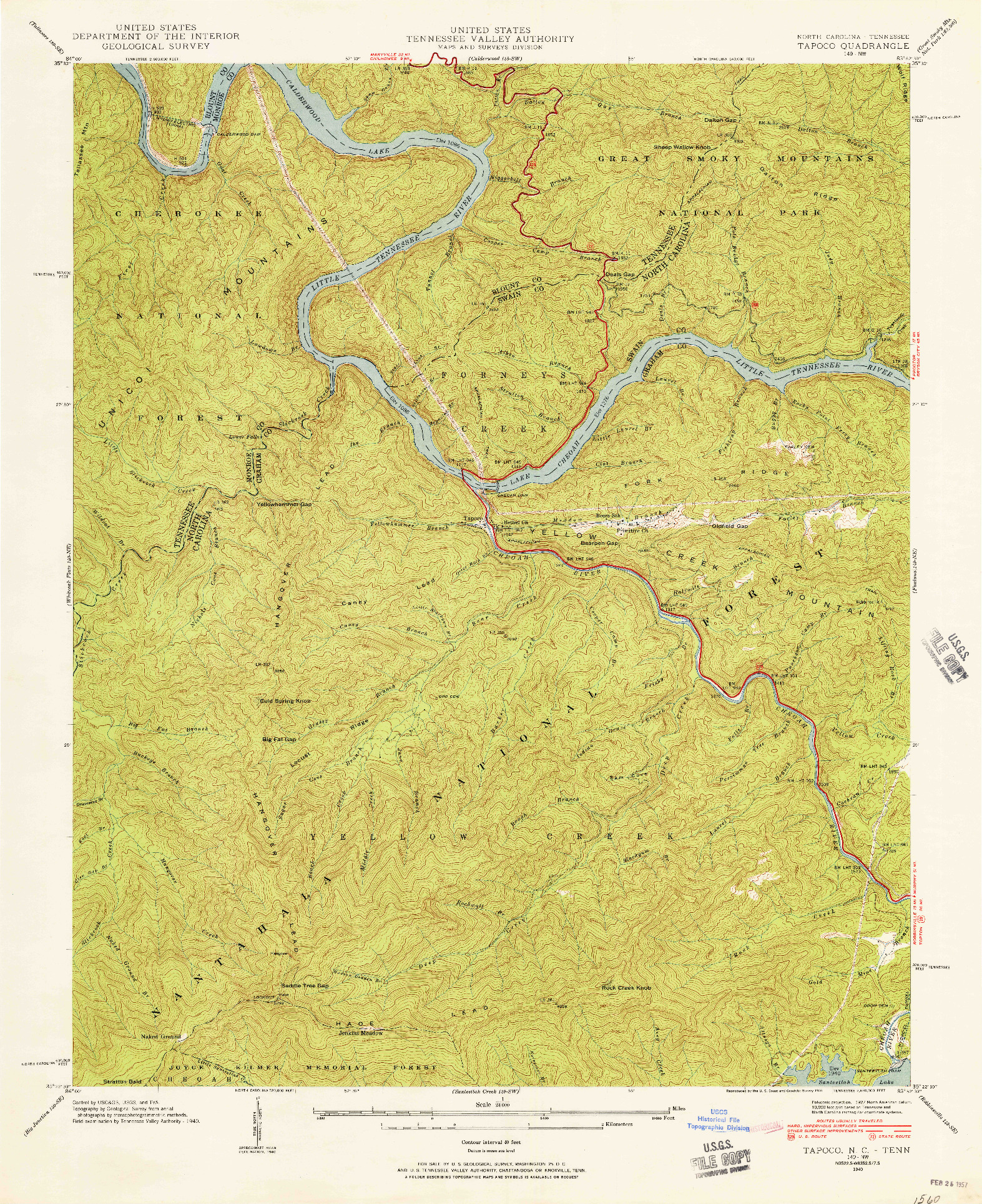 USGS 1:24000-SCALE QUADRANGLE FOR TAPOCO, NC 1940