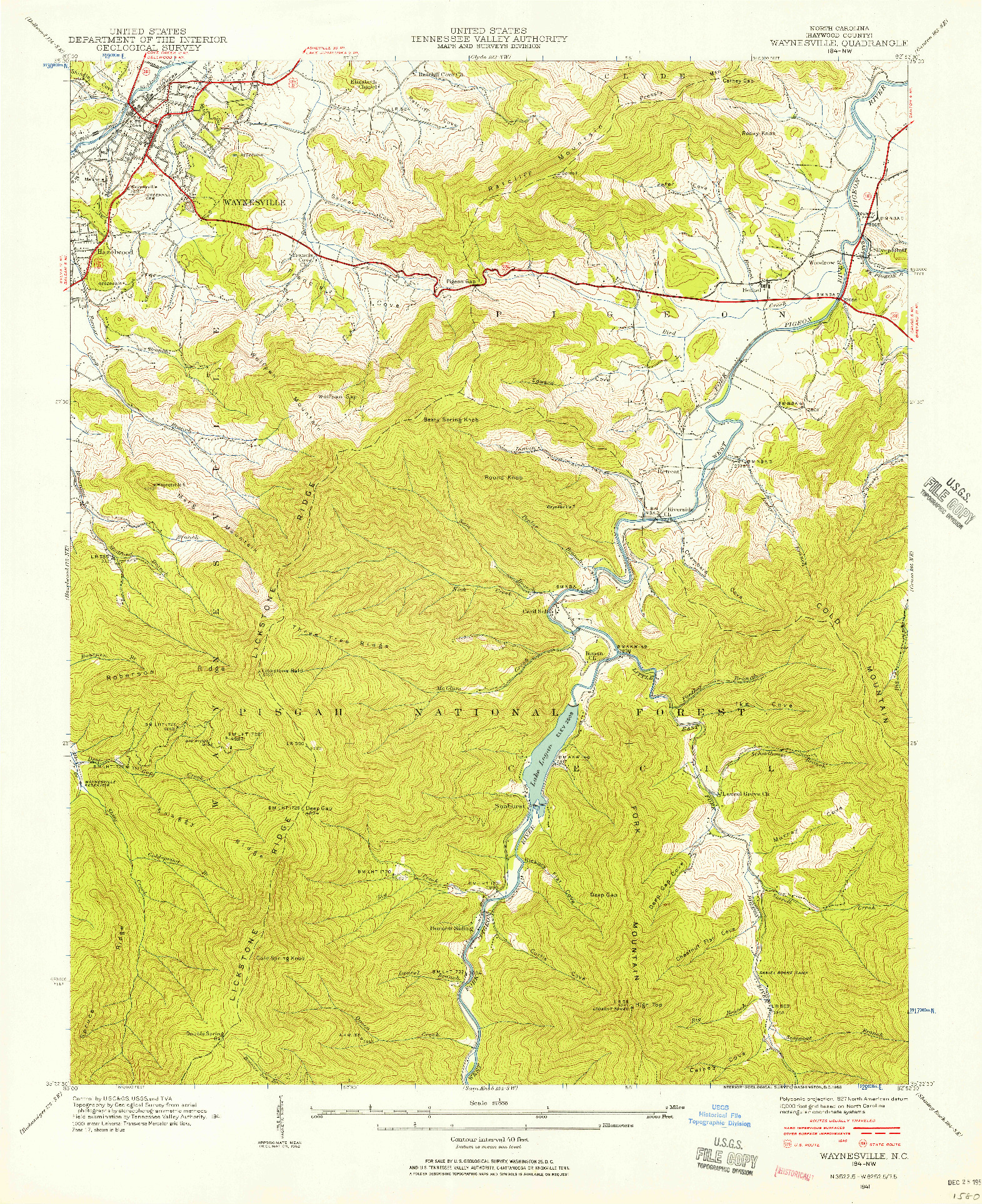 USGS 1:24000-SCALE QUADRANGLE FOR WAYNESVILLE, NC 1941