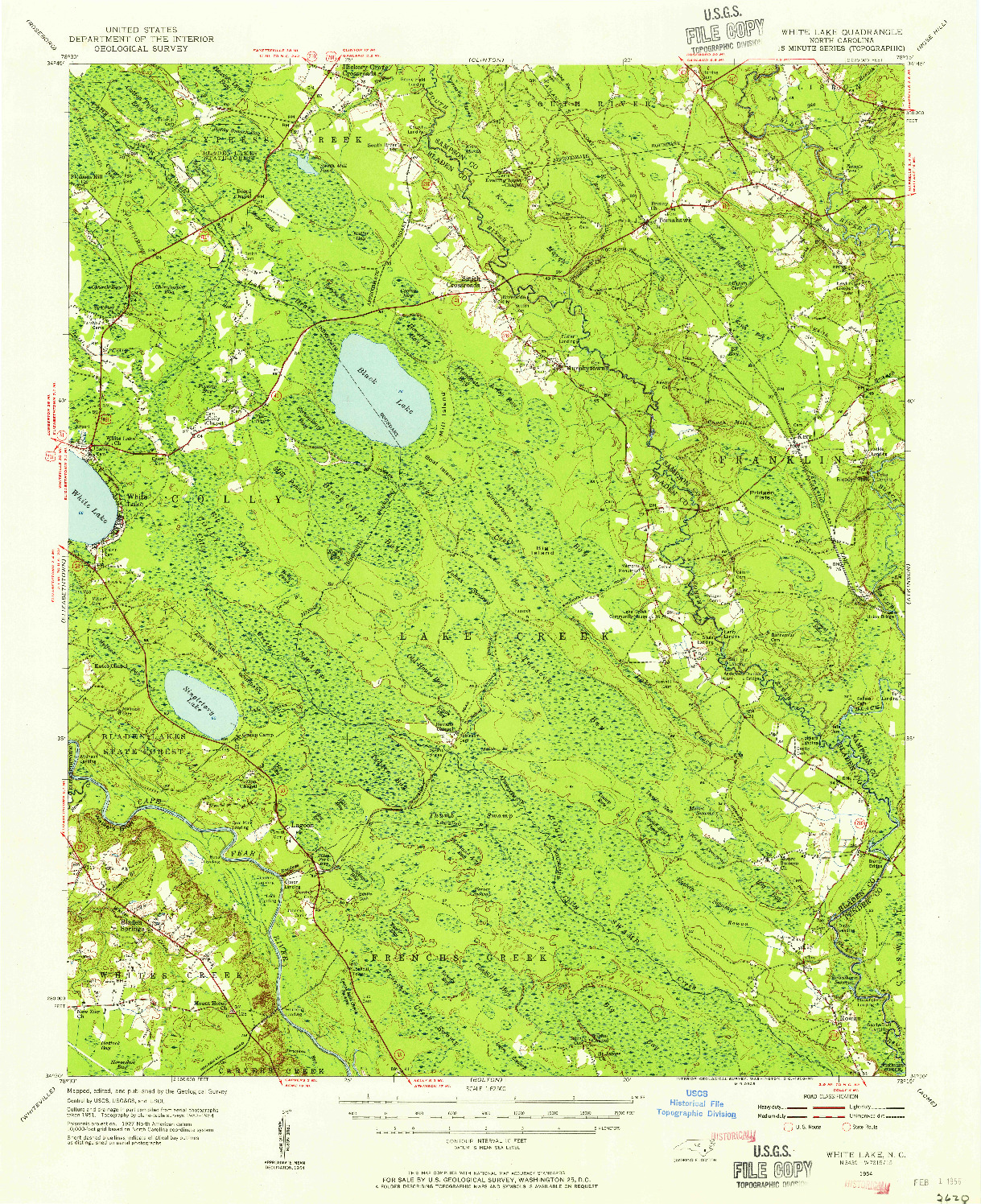 USGS 1:62500-SCALE QUADRANGLE FOR WHITE LAKE, NC 1954