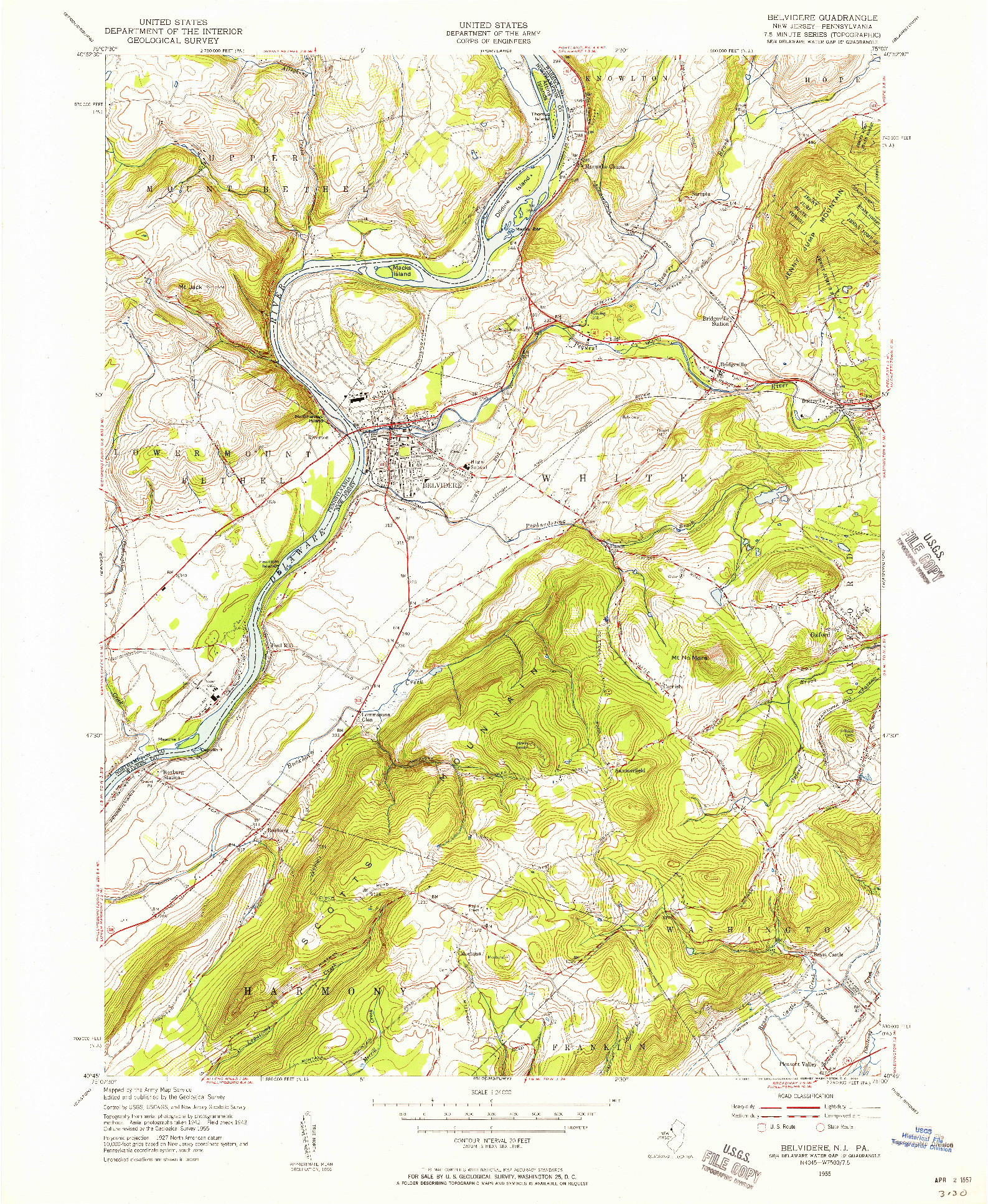 USGS 1:24000-SCALE QUADRANGLE FOR BELVIDERE, NJ 1955