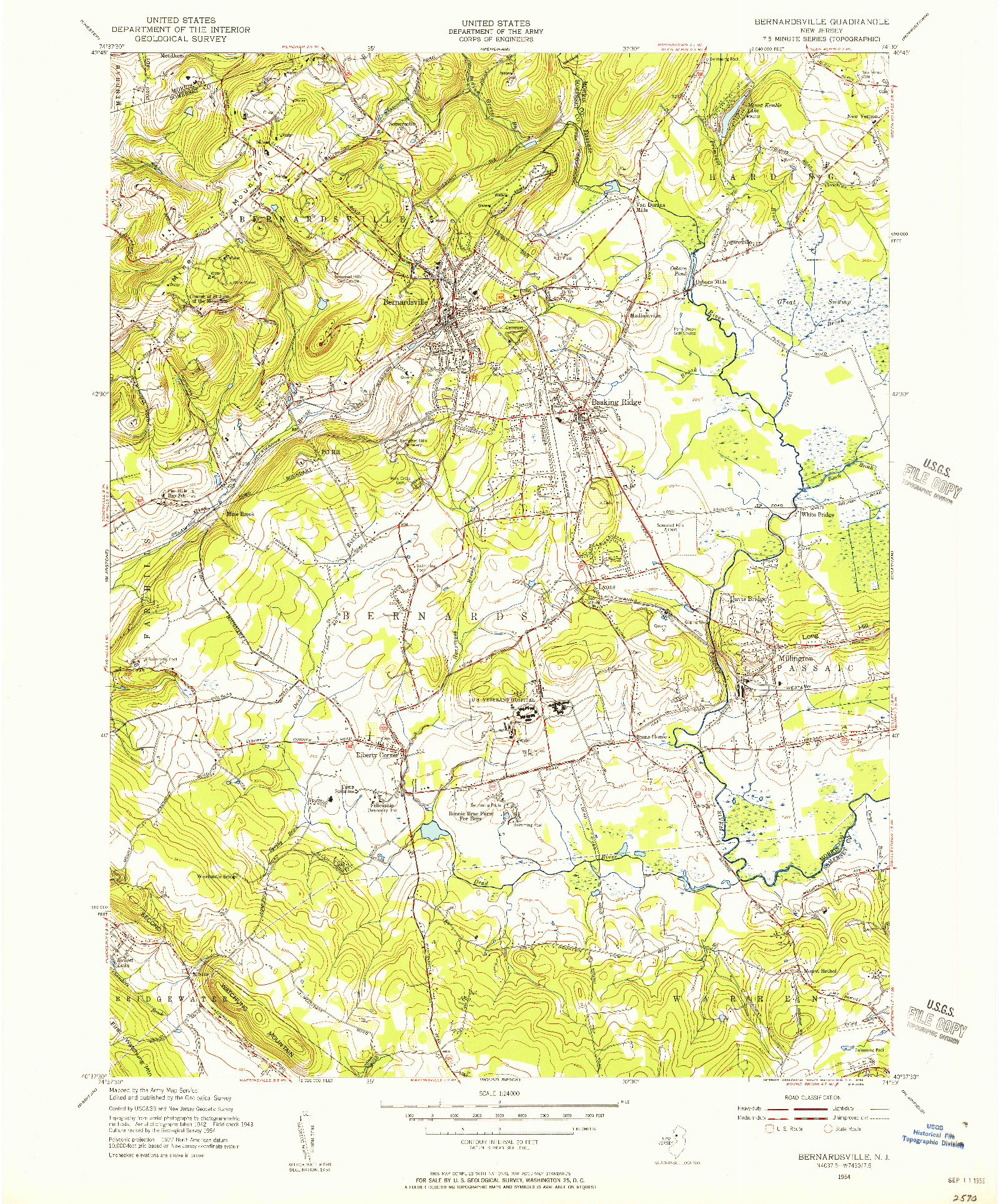 USGS 1:24000-SCALE QUADRANGLE FOR BERNARDSVILLE, NJ 1954