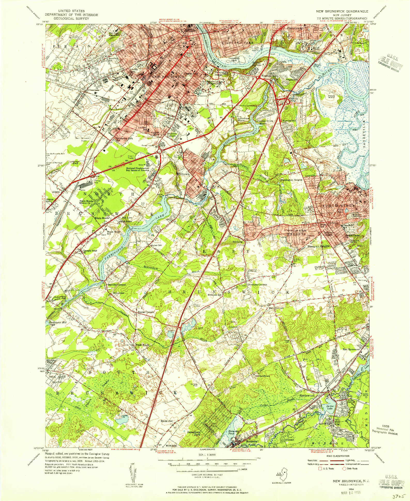 USGS 1:24000-SCALE QUADRANGLE FOR NEW BRUNSWICK, NJ 1954