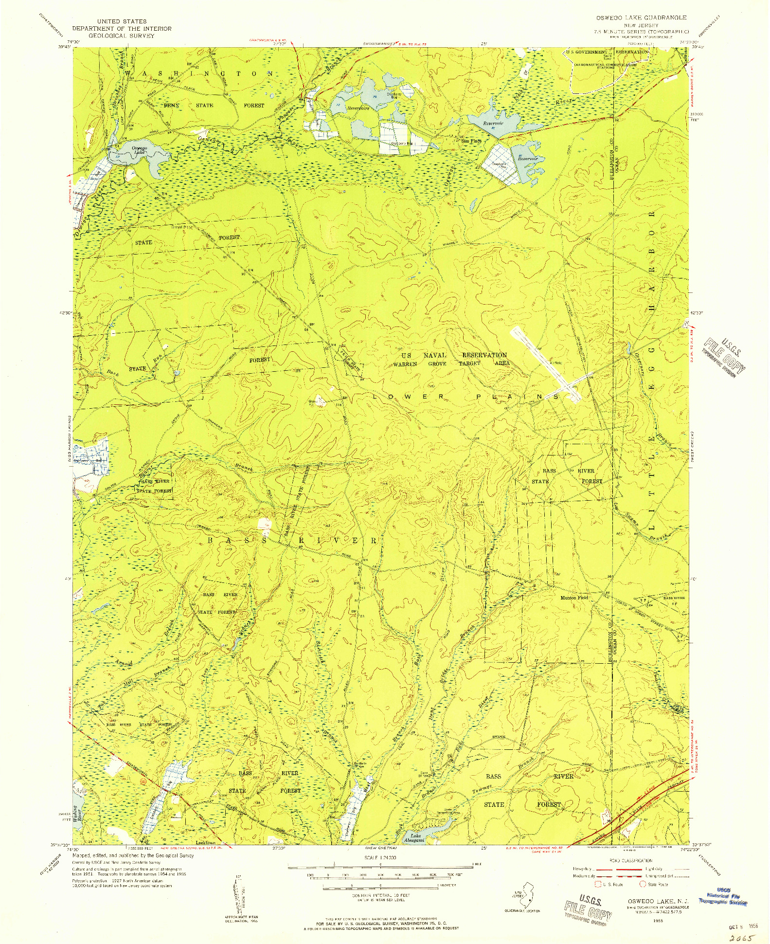 USGS 1:24000-SCALE QUADRANGLE FOR OSWEGO LAKE, NJ 1955