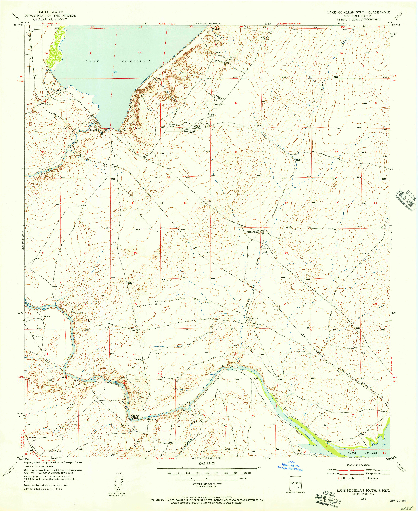 USGS 1:24000-SCALE QUADRANGLE FOR LAKE MC MILLAN SOUTH, NM 1955