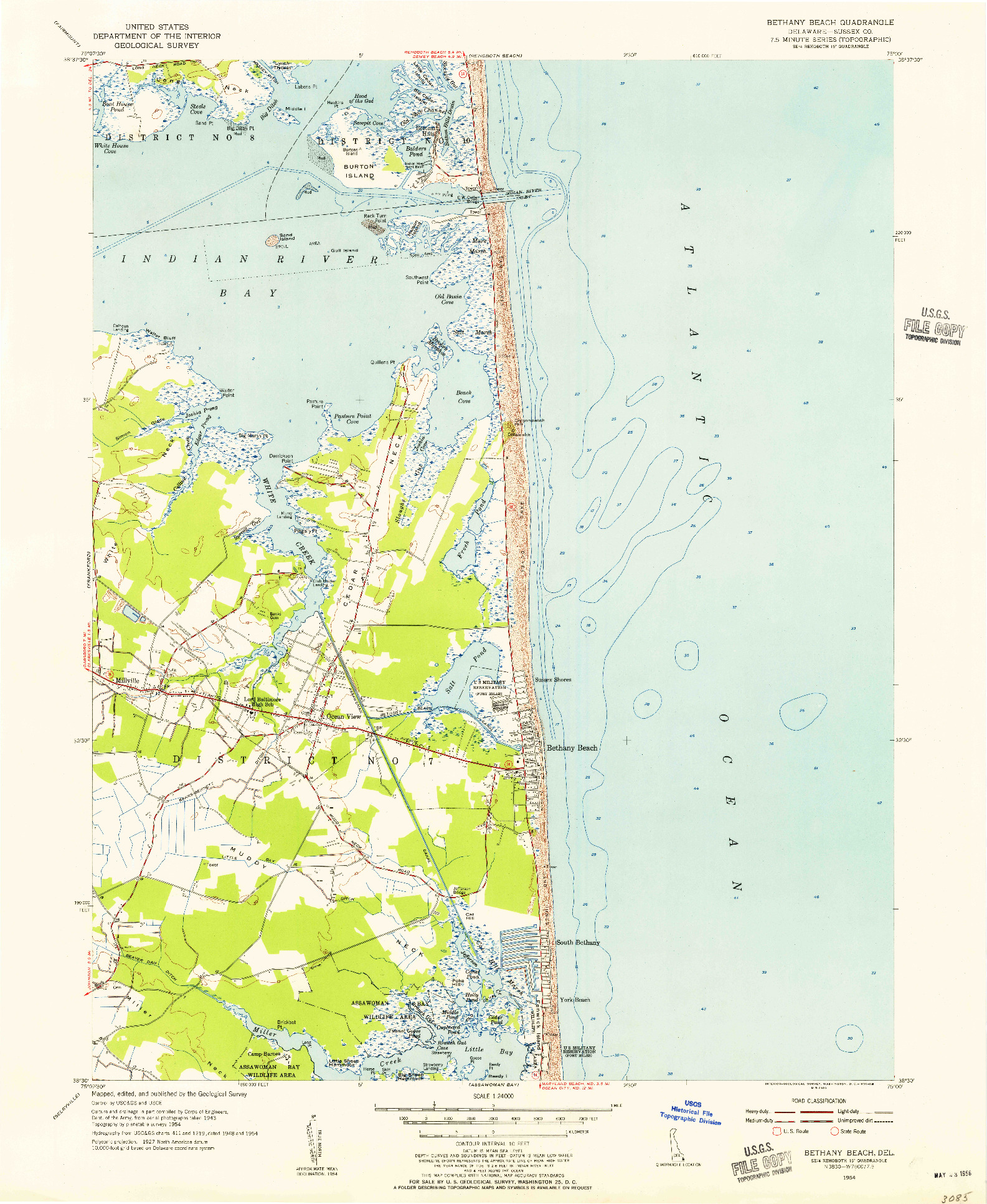 USGS 1:24000-SCALE QUADRANGLE FOR BETHANY BEACH, DE 1954
