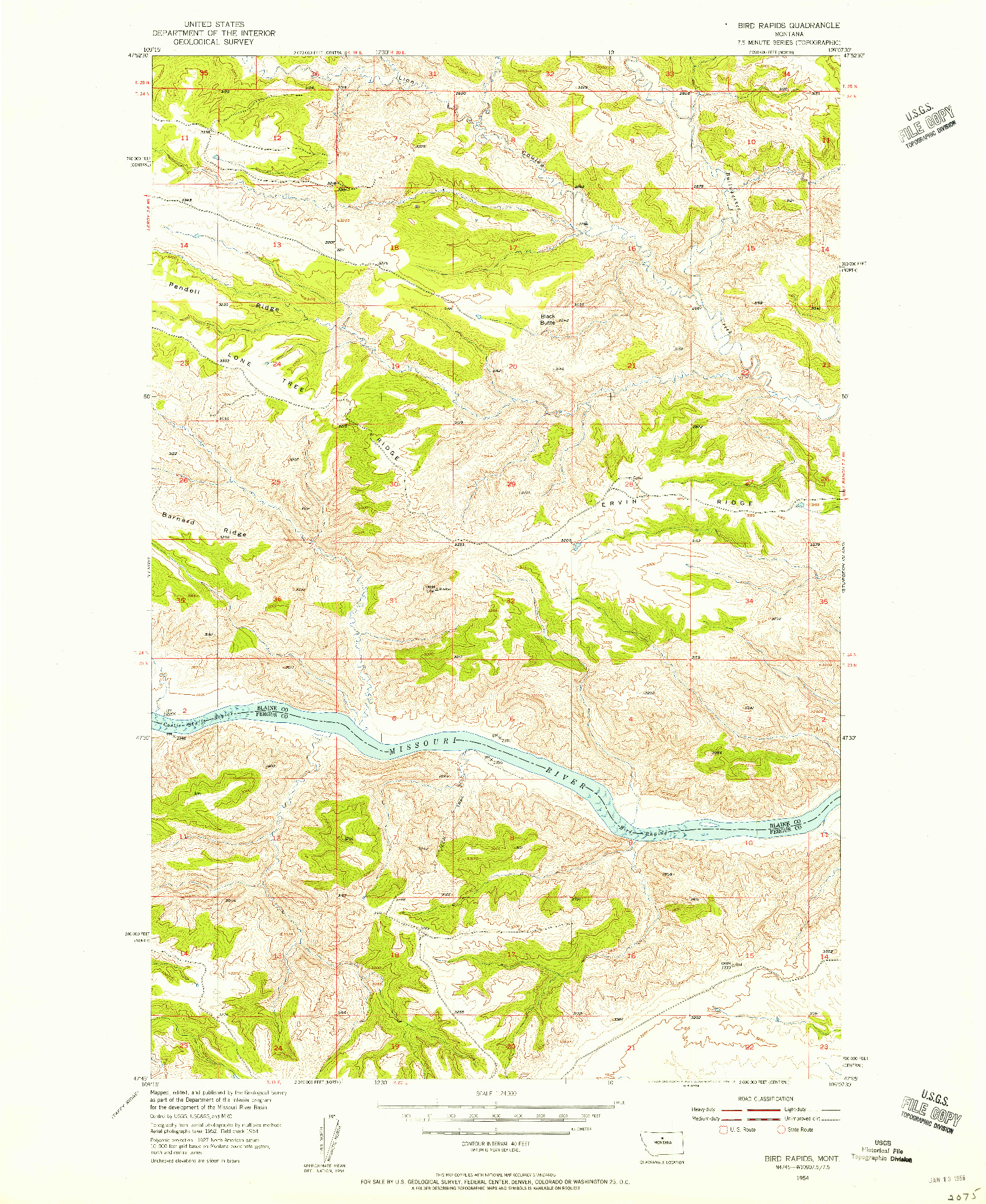 USGS 1:24000-SCALE QUADRANGLE FOR BIRD RAPIDS, MT 1954