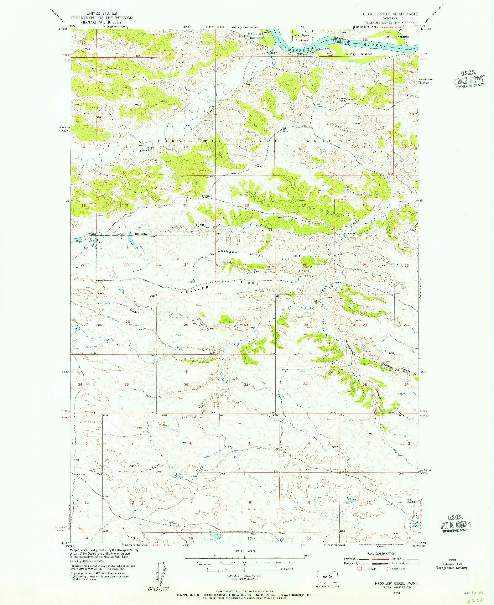 USGS 1:24000-SCALE QUADRANGLE FOR HESSLER RIDGE, MT 1954