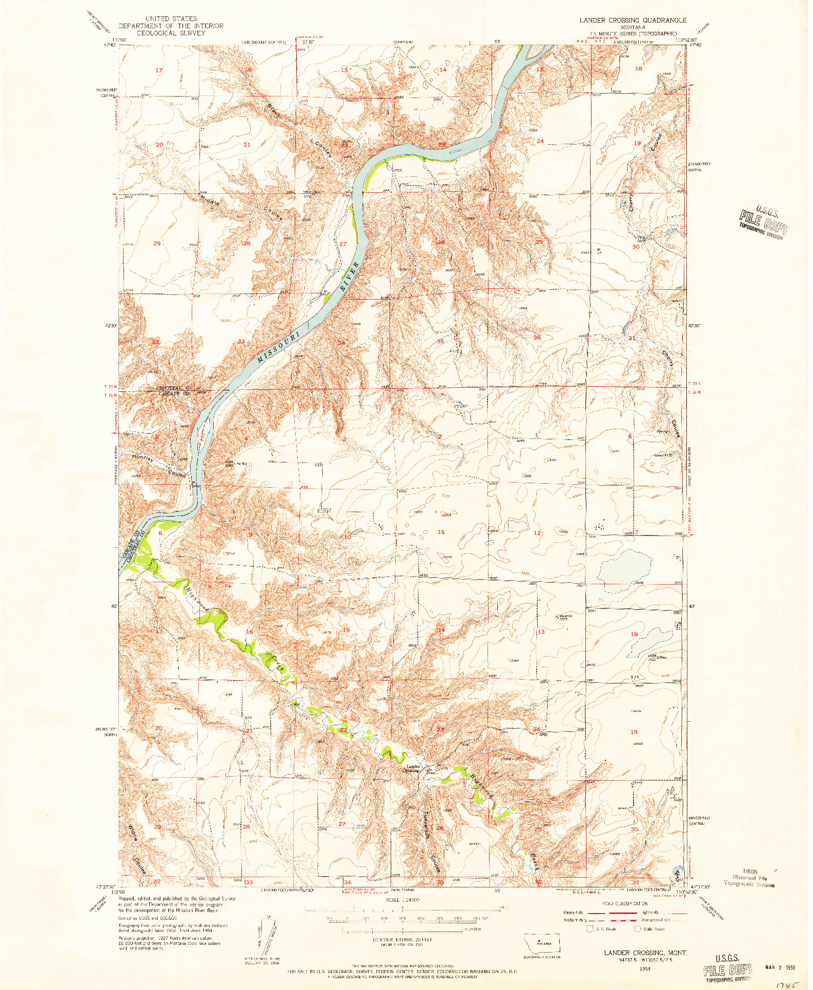 USGS 1:24000-SCALE QUADRANGLE FOR LANDER CROSSING, MT 1954