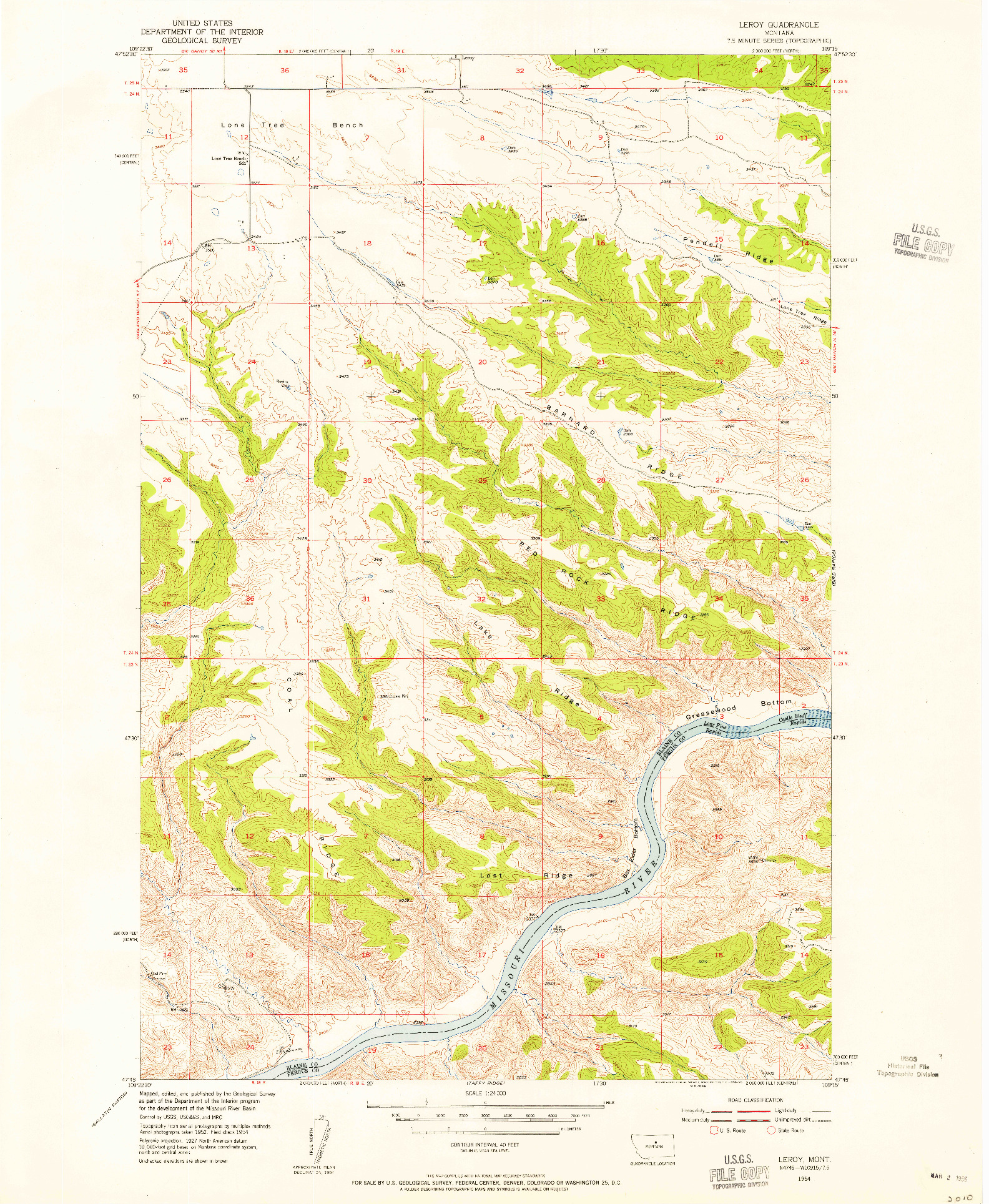 USGS 1:24000-SCALE QUADRANGLE FOR LEROY, MT 1954