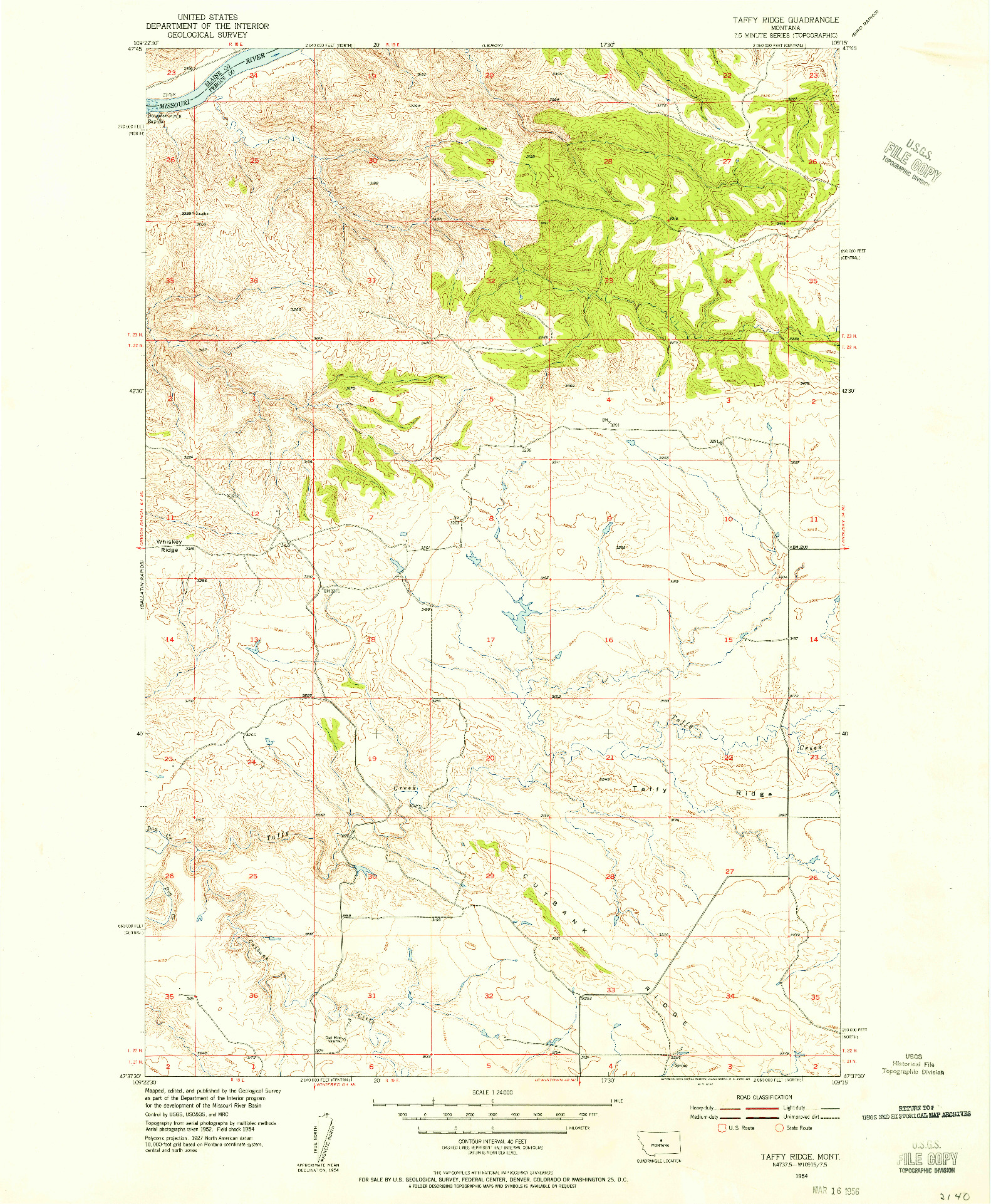 USGS 1:24000-SCALE QUADRANGLE FOR TAFFY RIDGE, MT 1954